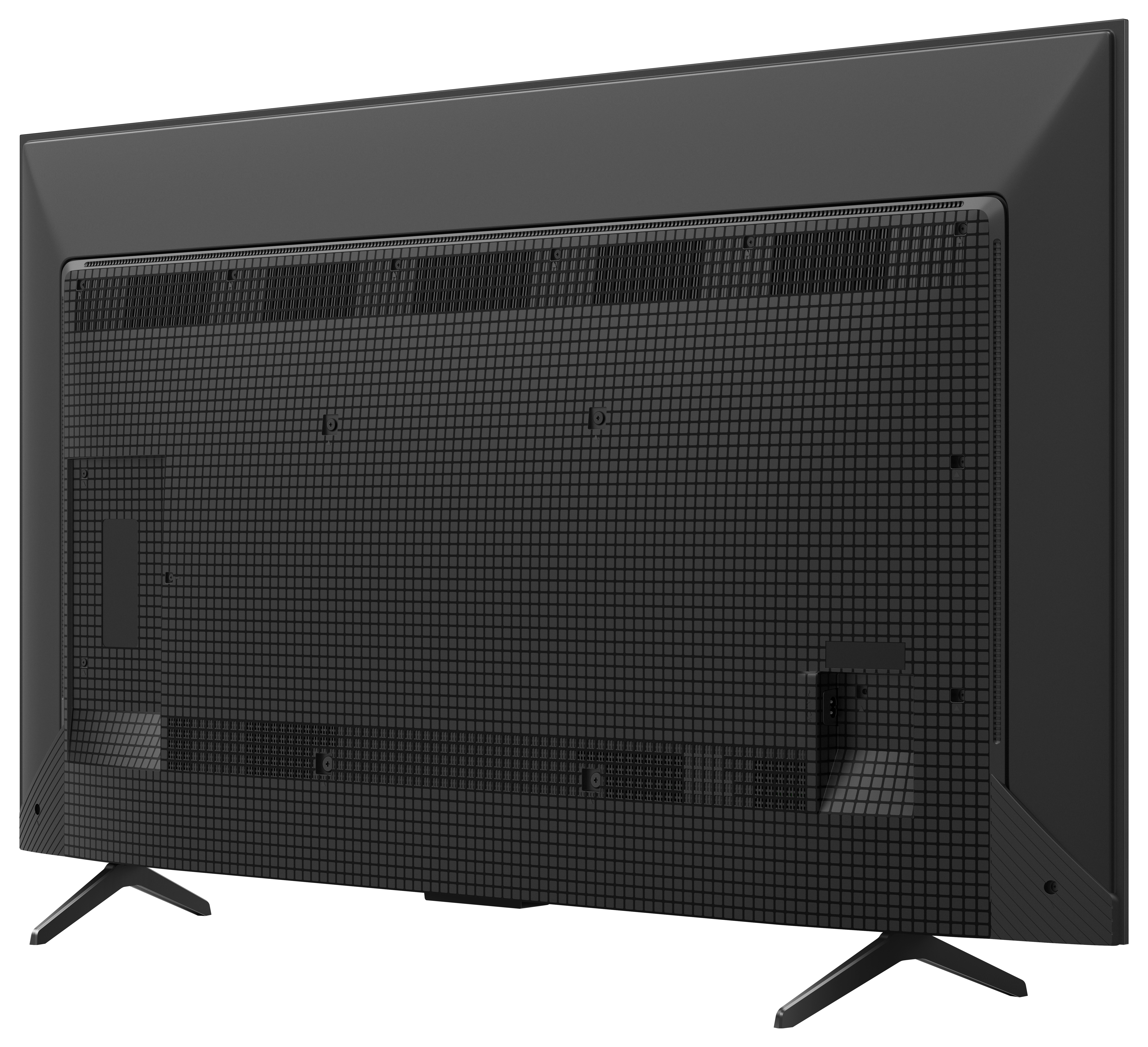Rückseite eines Fernsehers mit schwarzem Gitter und Ständer.