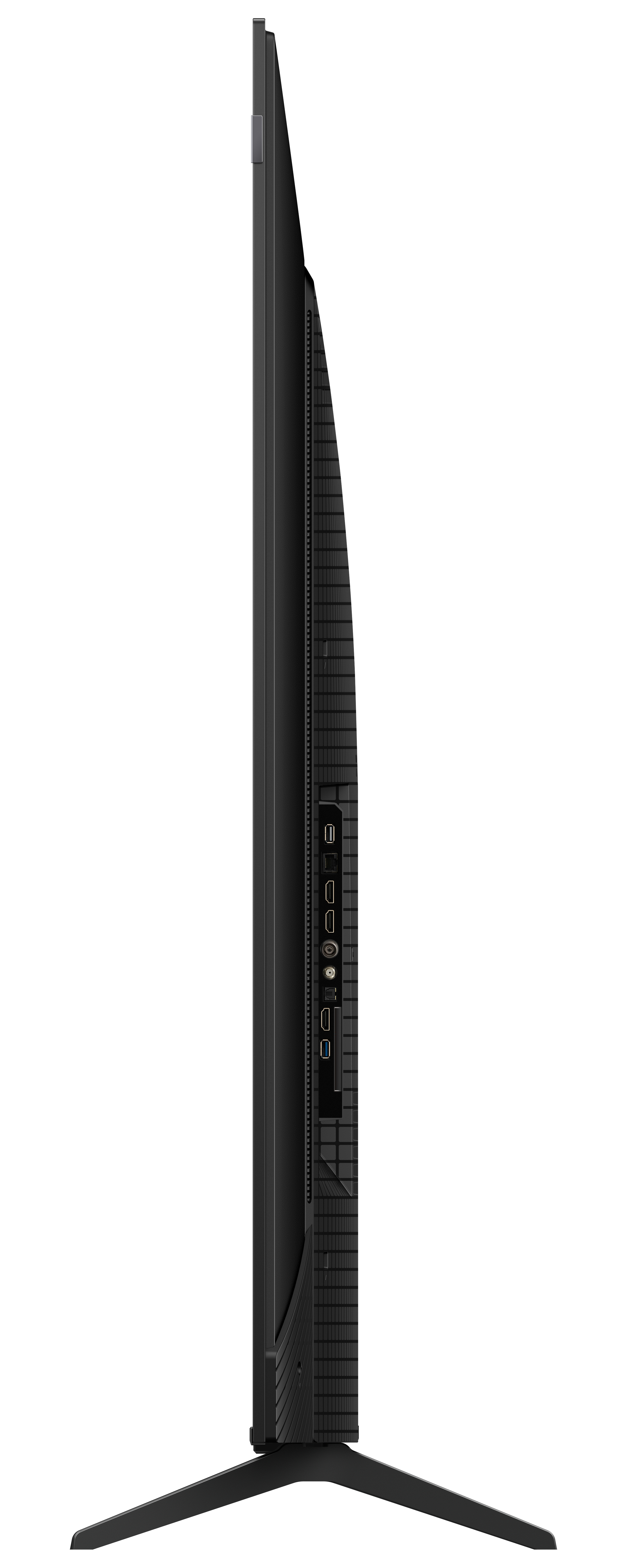 Seitenansicht eines schwarzen Fernsehers mit Ständer. Schlankes Design. Der Bildschirm ist schwarz.