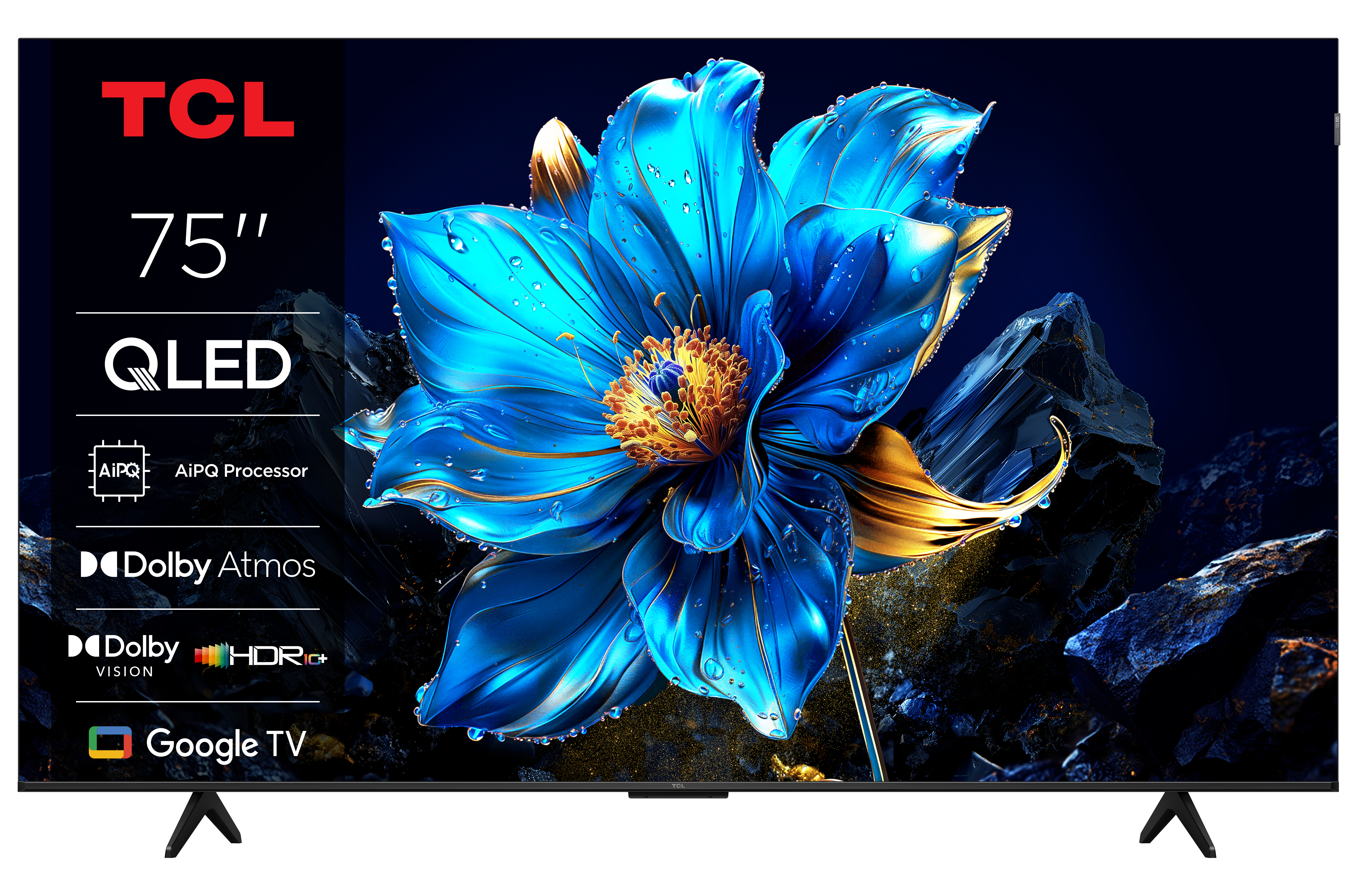 Ein schwarzer Fernseher mit floralem Kunsthintergrund. Mit QLED, HDR und Google TV.