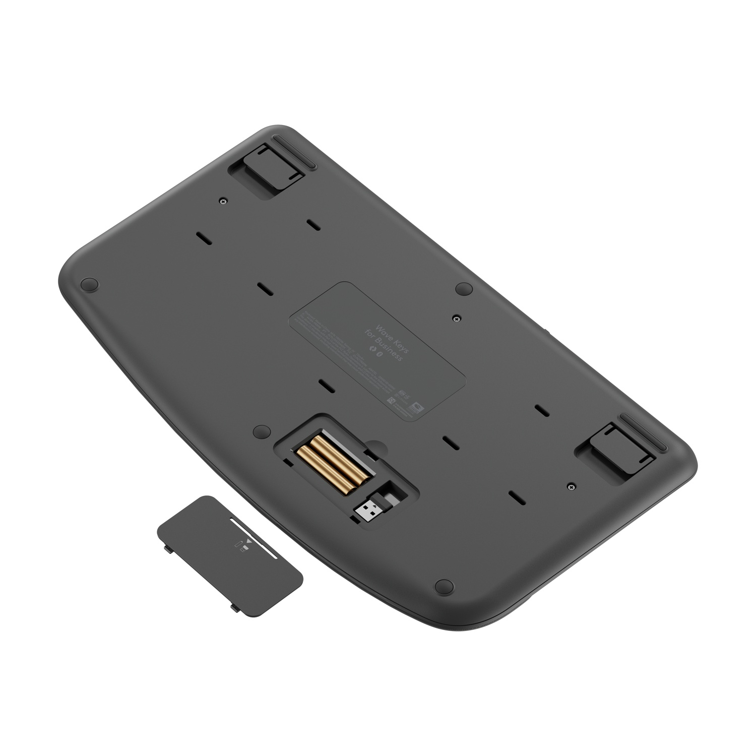 Base tastiera grigia con vano batteria aperto e porta USB.