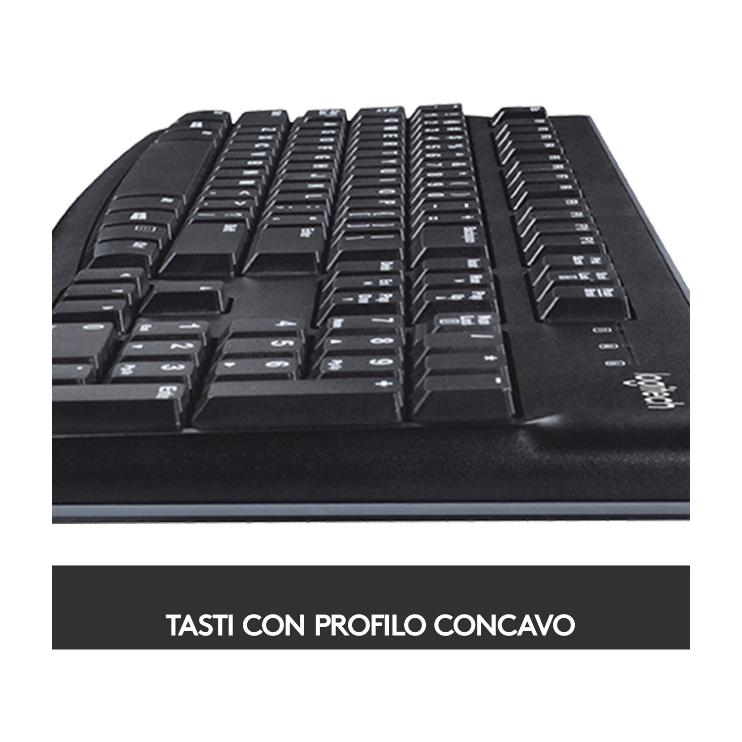 Una tastiera nera con tasti concavi è mostrata su sfondo bianco, con testo descrittivo sottostante.