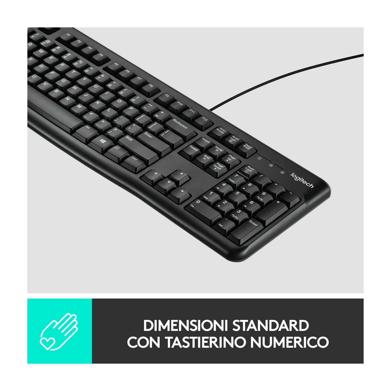 Vista dall'alto di una tastiera nera con layout standard e tastierino numerico.