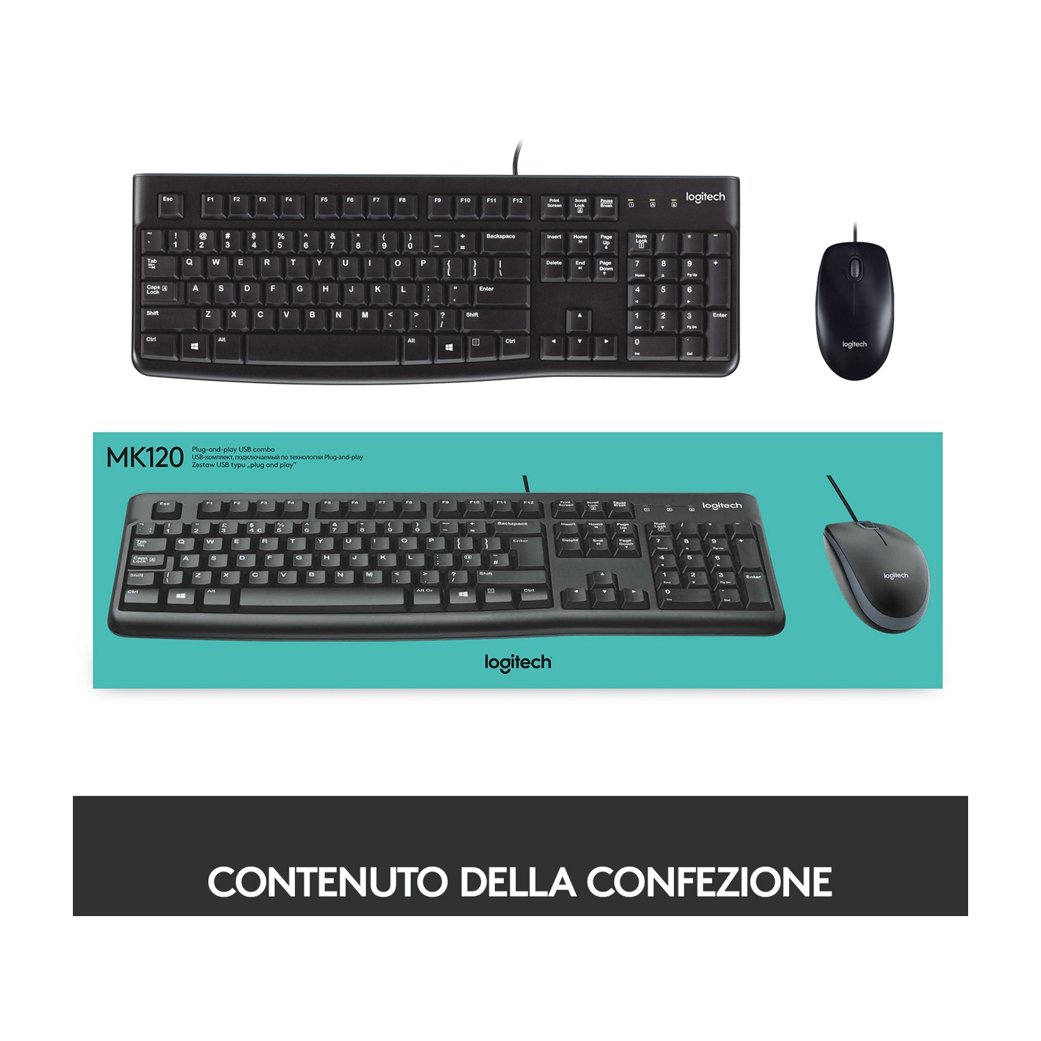 Combo tastiera e mouse, con tastiera e mouse affiancati.