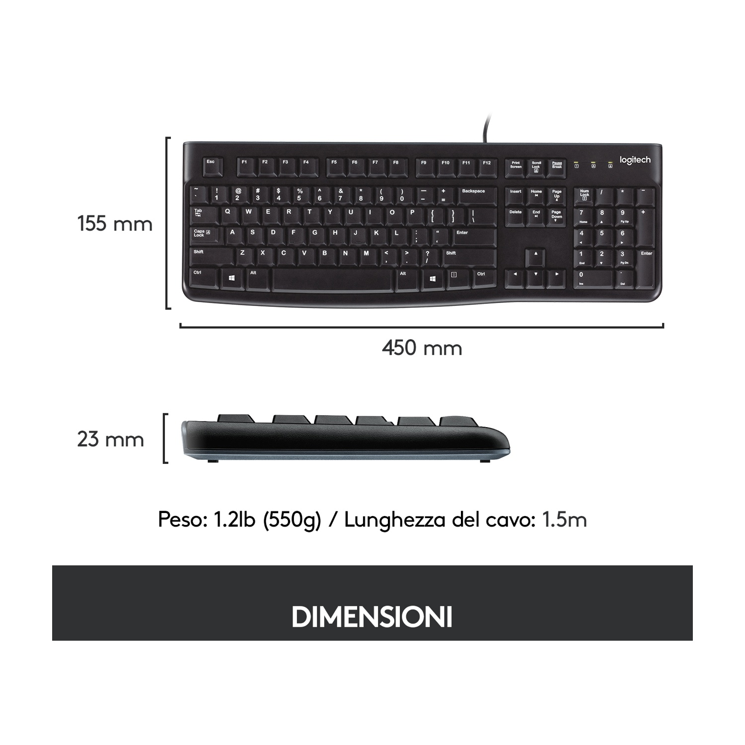 Tastiera Logitech nera con descrizioni delle dimensioni.