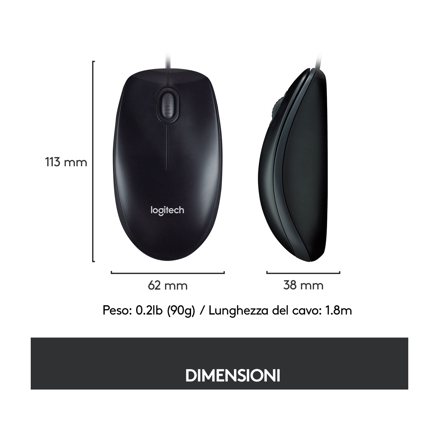 Mouse per computer Logitech nero con dimensioni visualizzate.