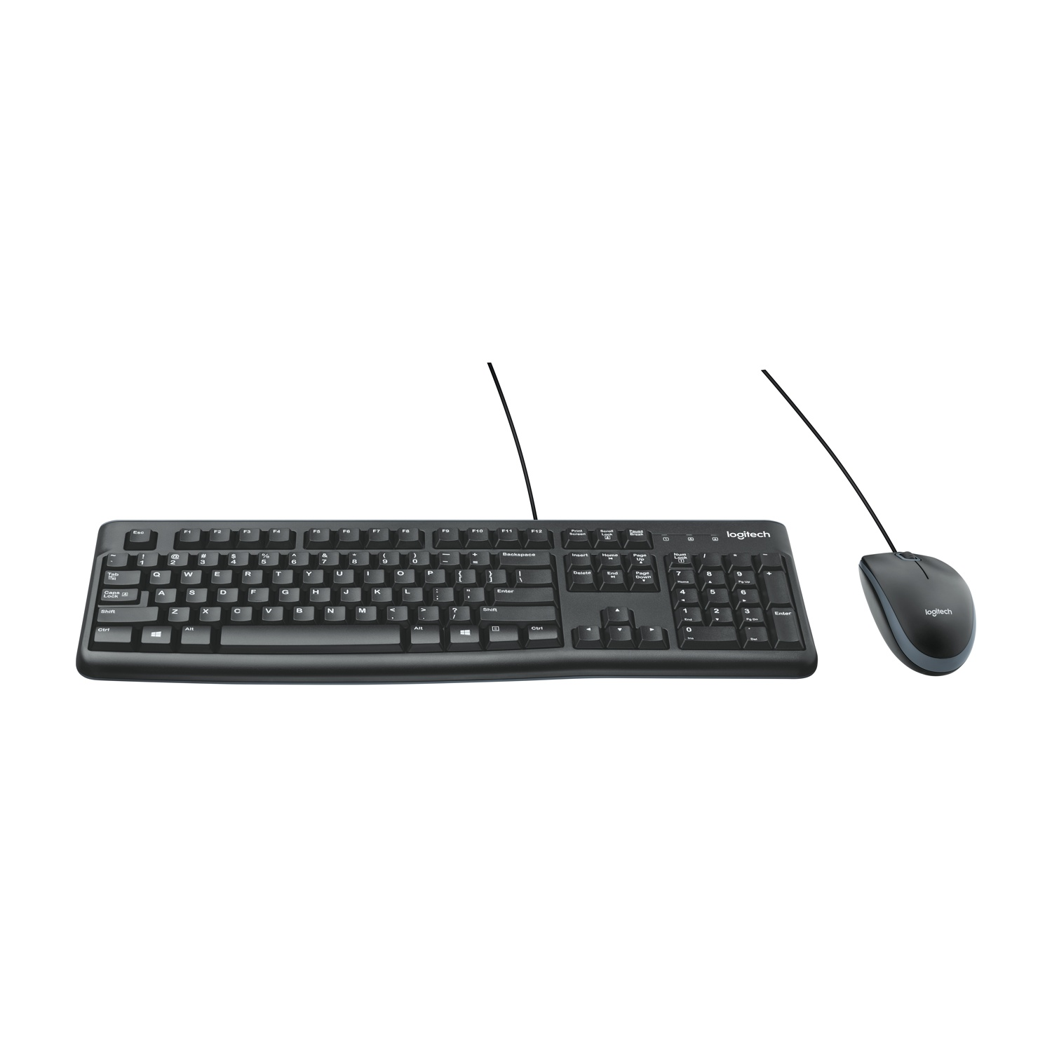Set tastiera e mouse neri, posizionati su sfondo bianco.