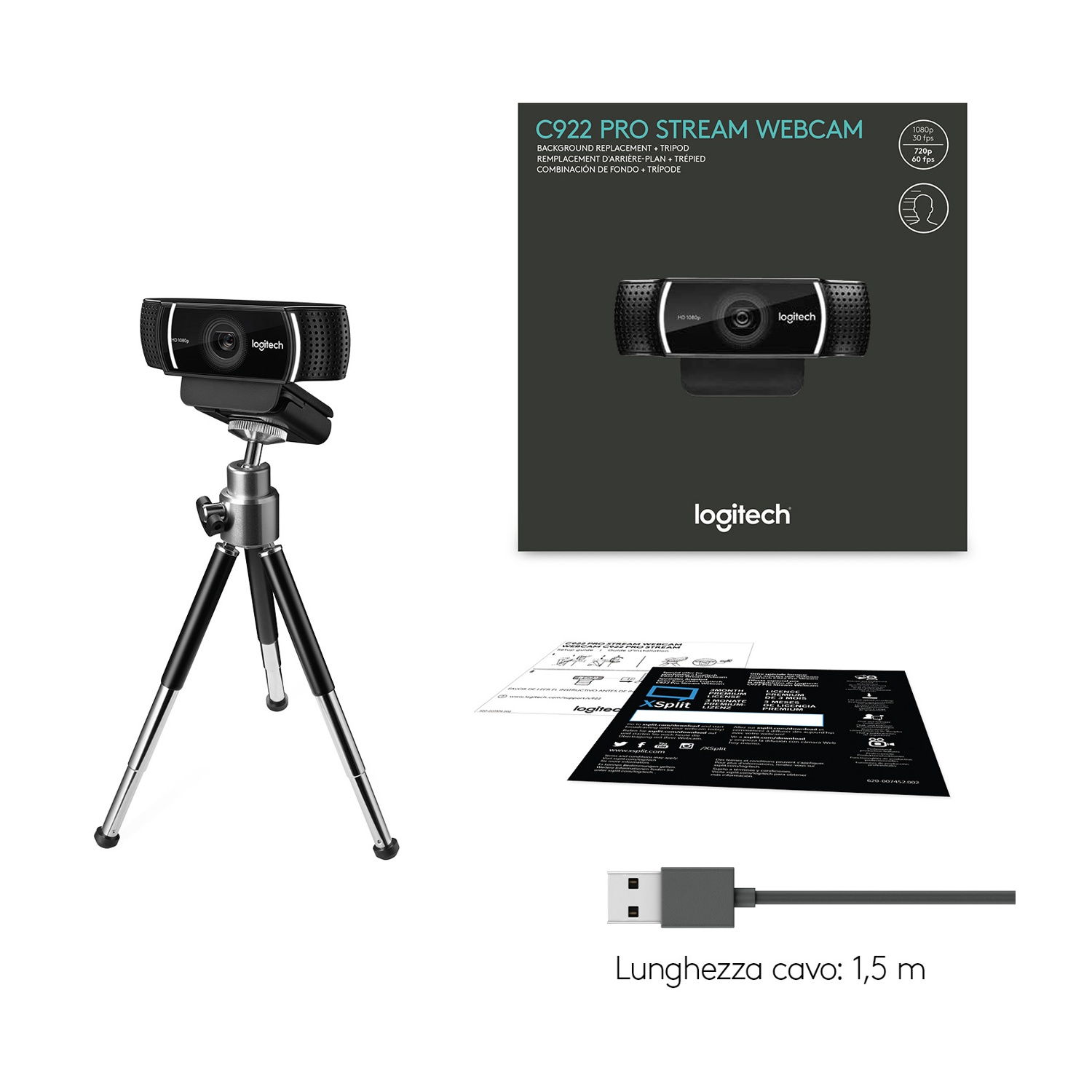 Logitech C922 Pro Stream Webcam, treppiede, scatola e cavo USB.