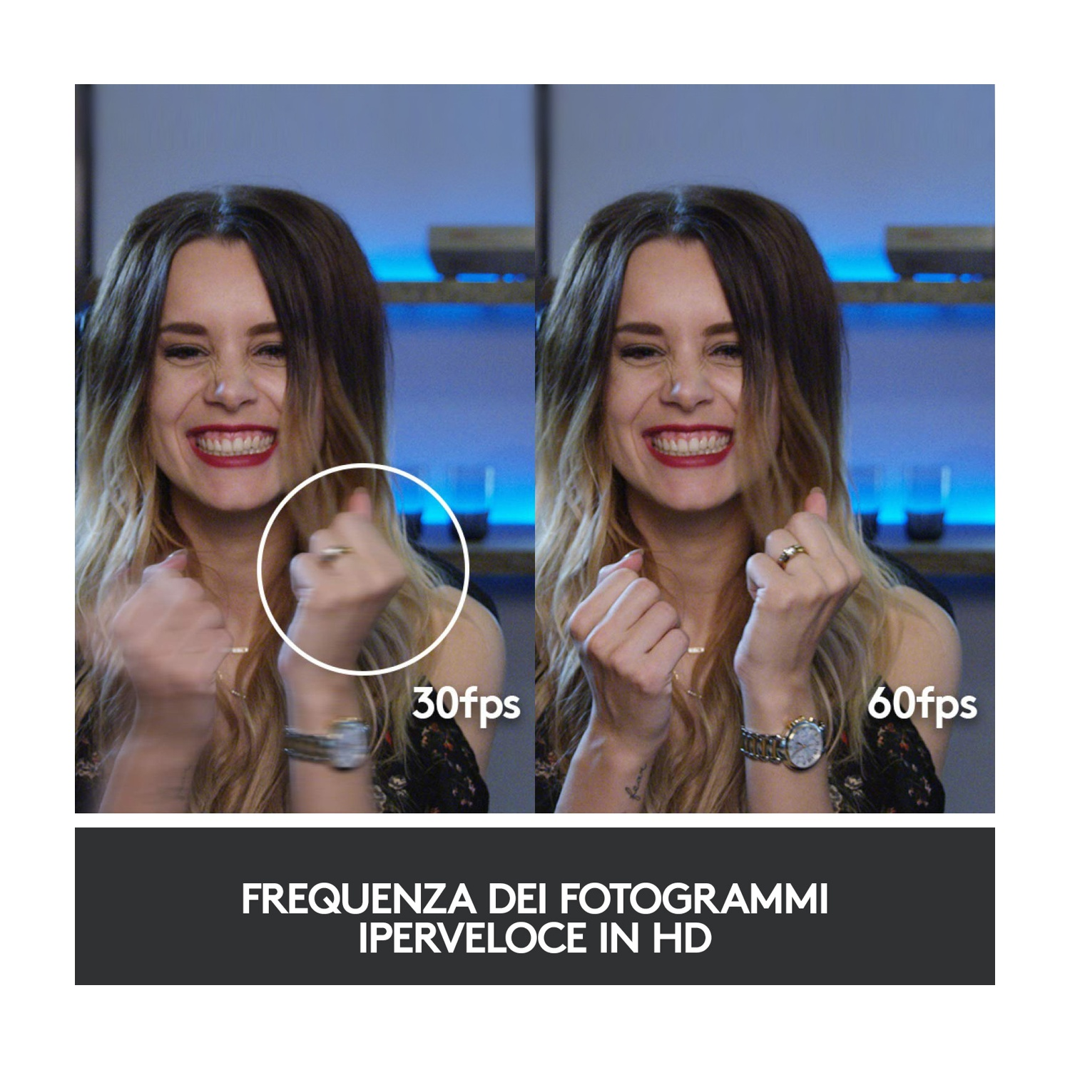 Due immagini mostrano una donna con diversi frame rate (30fps vs 60fps).