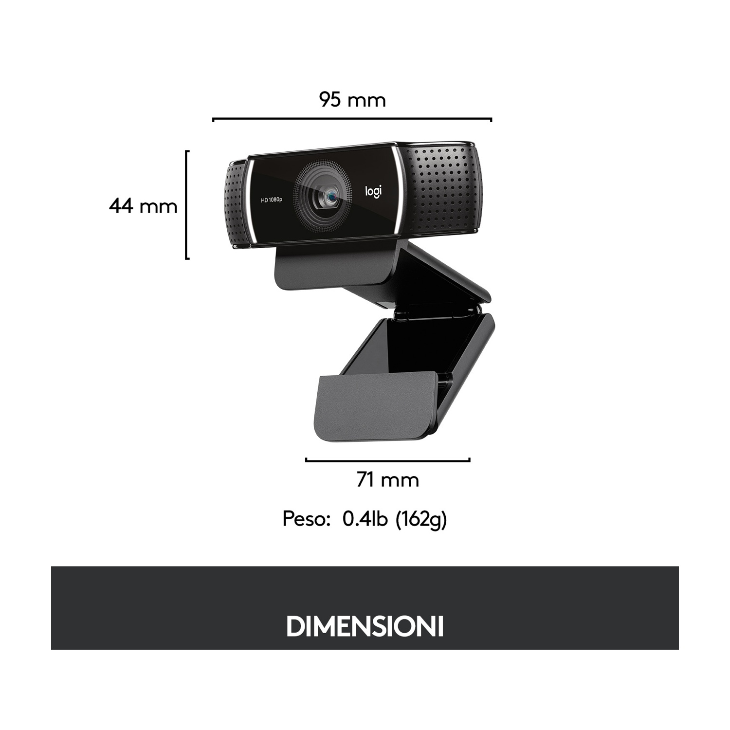 Una webcam nera con dimensioni e un supporto nero.