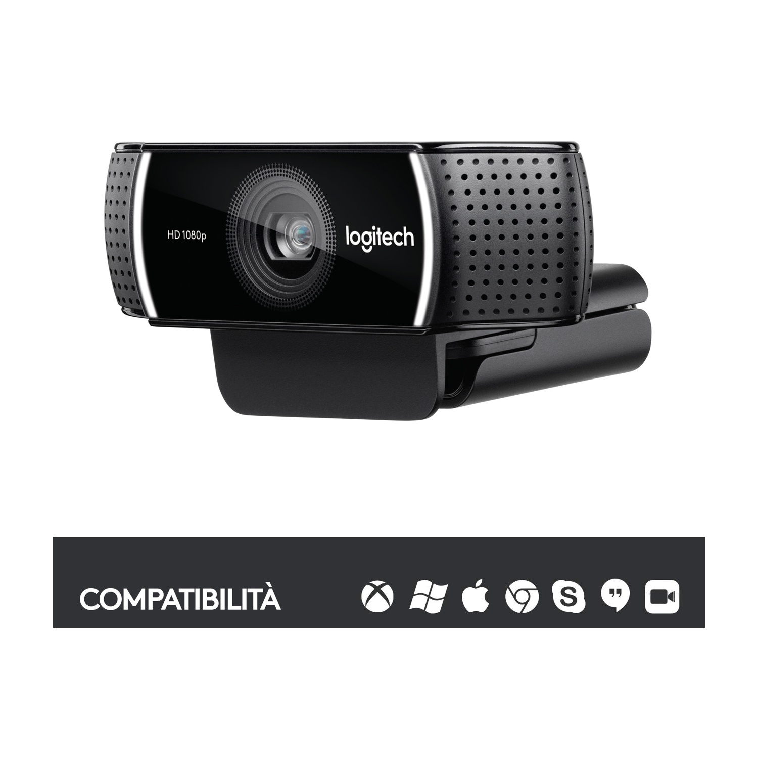 Una webcam nera con scritto 'Logitech' e icone di compatibilità.