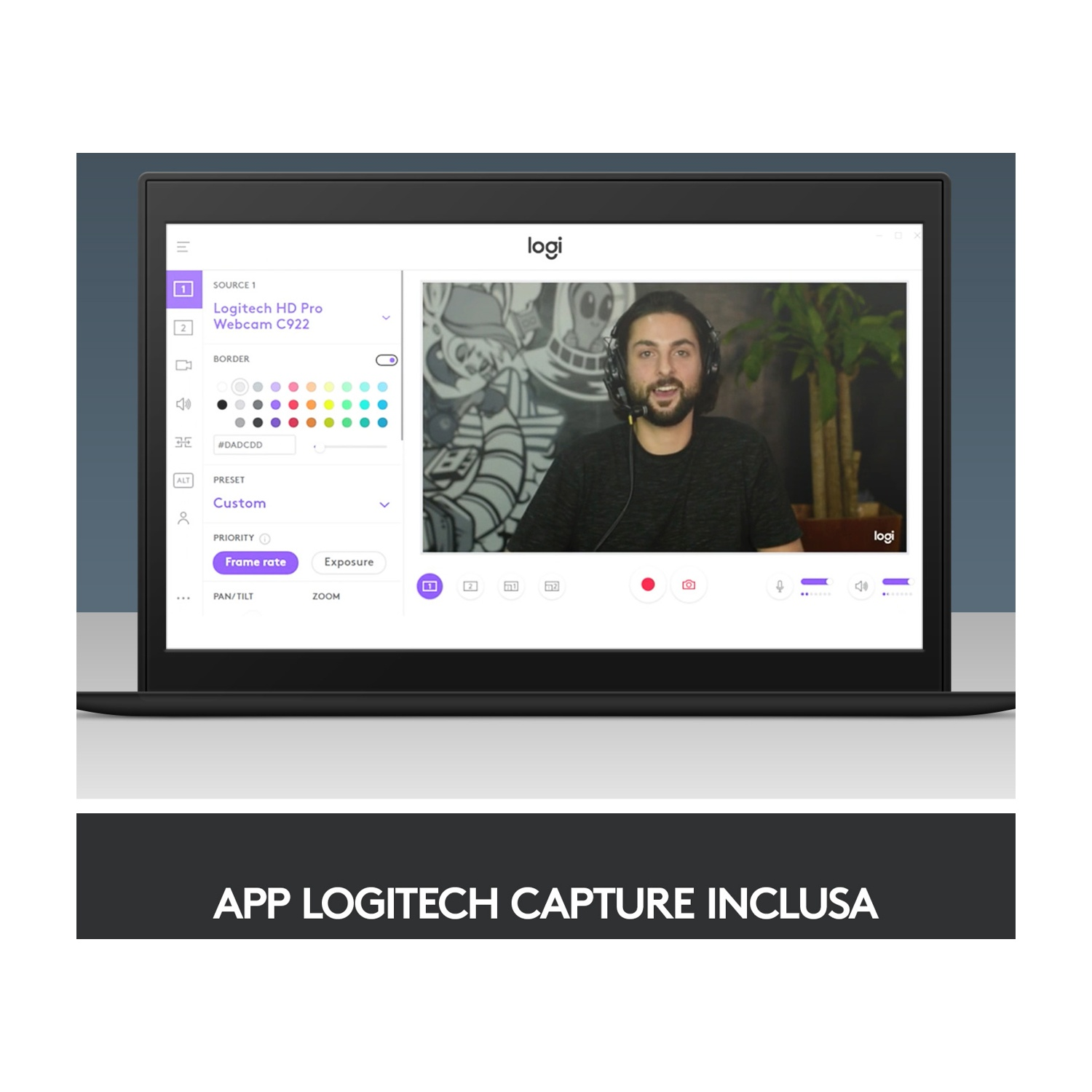 Uomo su schermo di laptop; una webcam è aperta. Viene mostrato il logo dell'app.