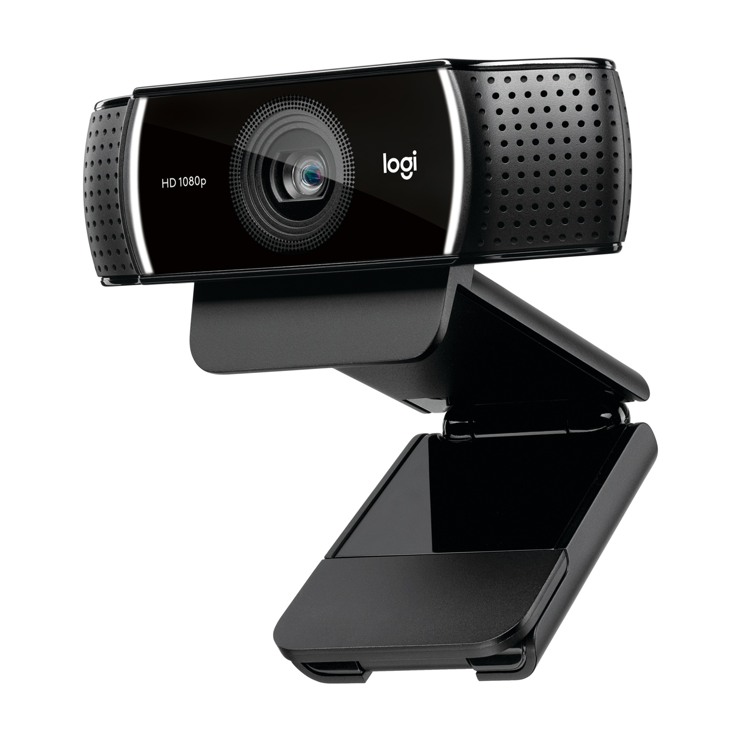 Una webcam Logitech nera con risoluzione HD 1080p e un supporto flessibile.