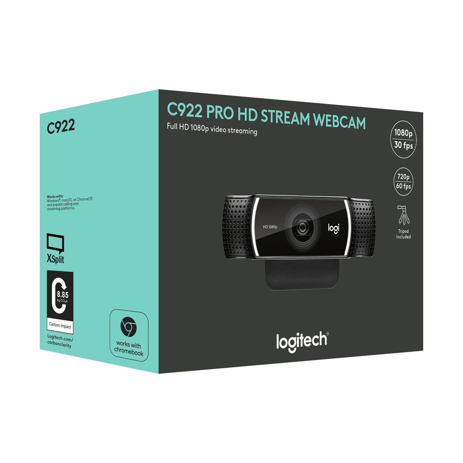 Scatola della webcam Logitech C922 Pro HD Stream, bianco e nero, con immagine webcam.