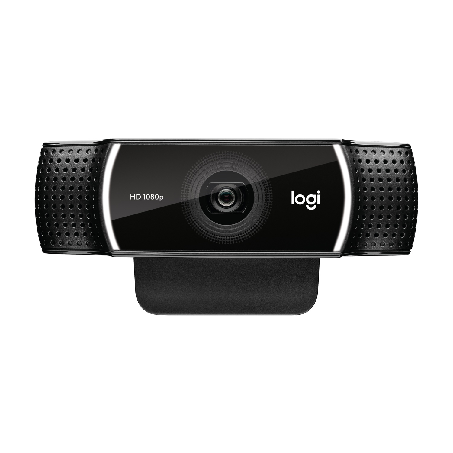 Una webcam Logitech nera con il logo su sfondo bianco.