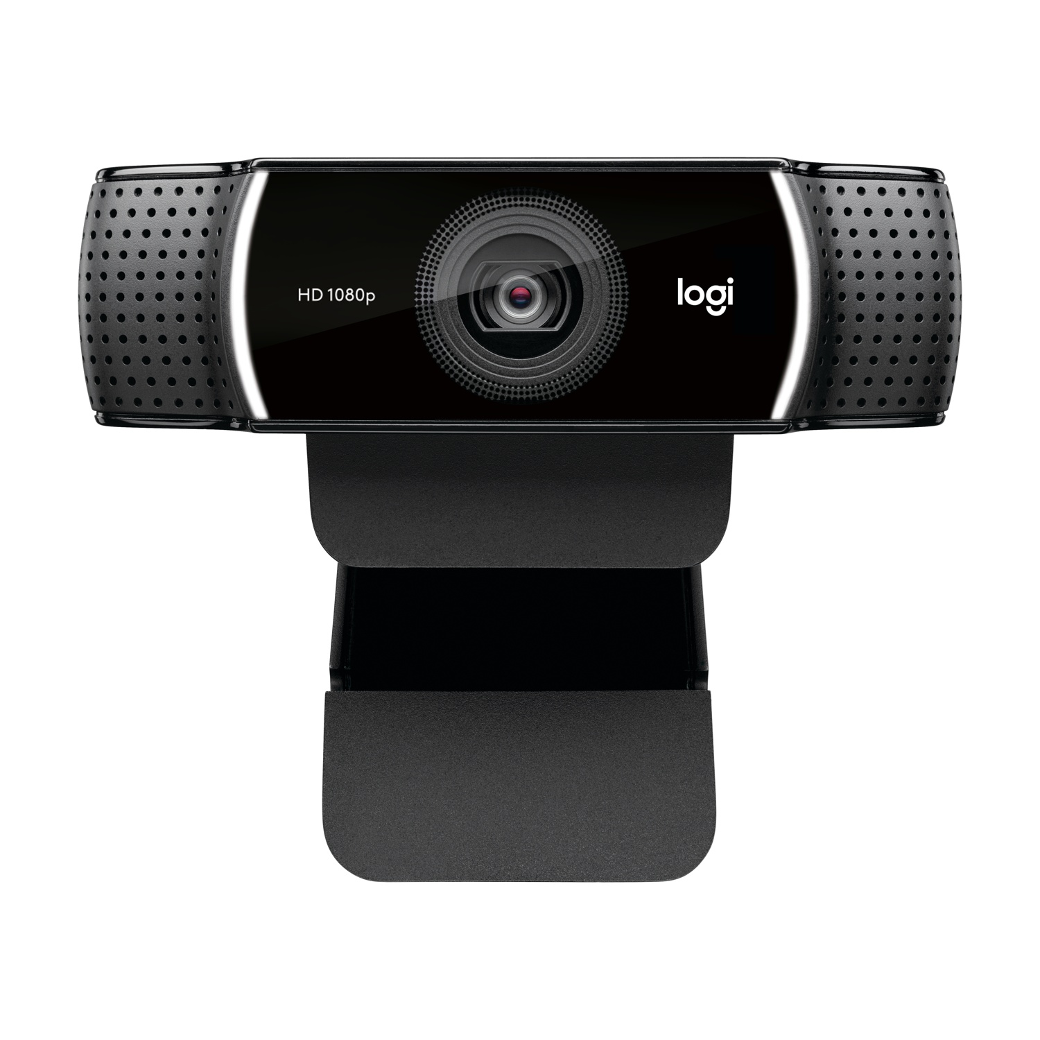 Webcam Logitech nera, vista frontale, con etichetta HD 1080p e logo logi.