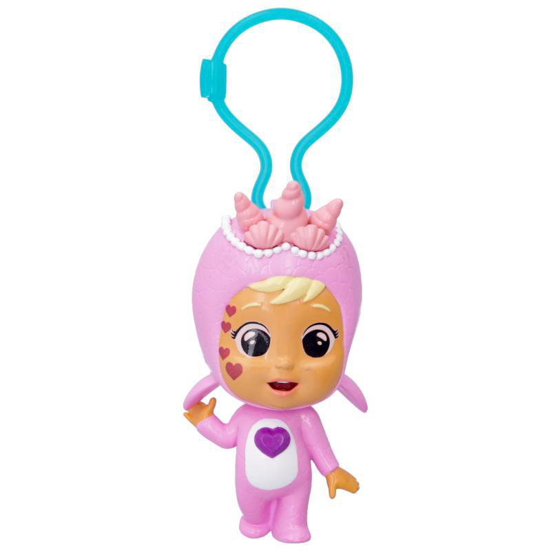 Ein pinkfarbener Schlüsselanhänger mit einer Puppe eines Babys in einem pinkfarbenen Outfit.
