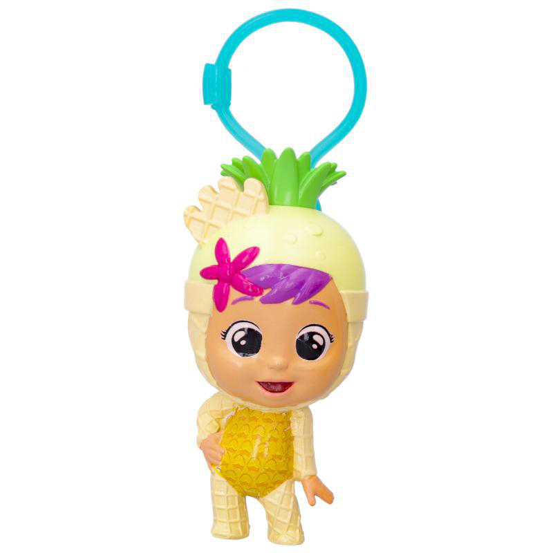 Eine Puppe, die als Ananas verkleidet ist, mit blauem Ring und lächelndem Gesicht.