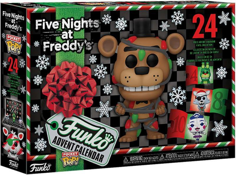Funko Adventskalenderbox mit Freddy Funko Figur und Schneeflocken. Enthält 24 Fenster.