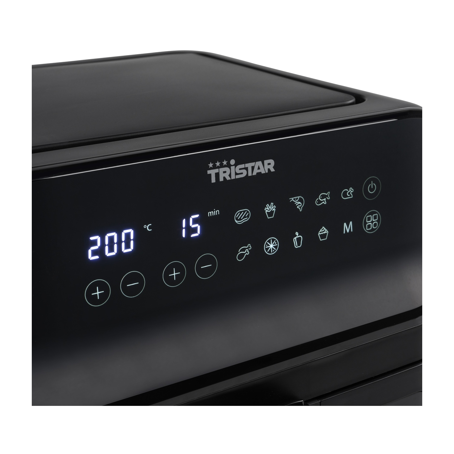 Friggitrice ad aria nera con display digitale di temperatura, tempo e icone.
