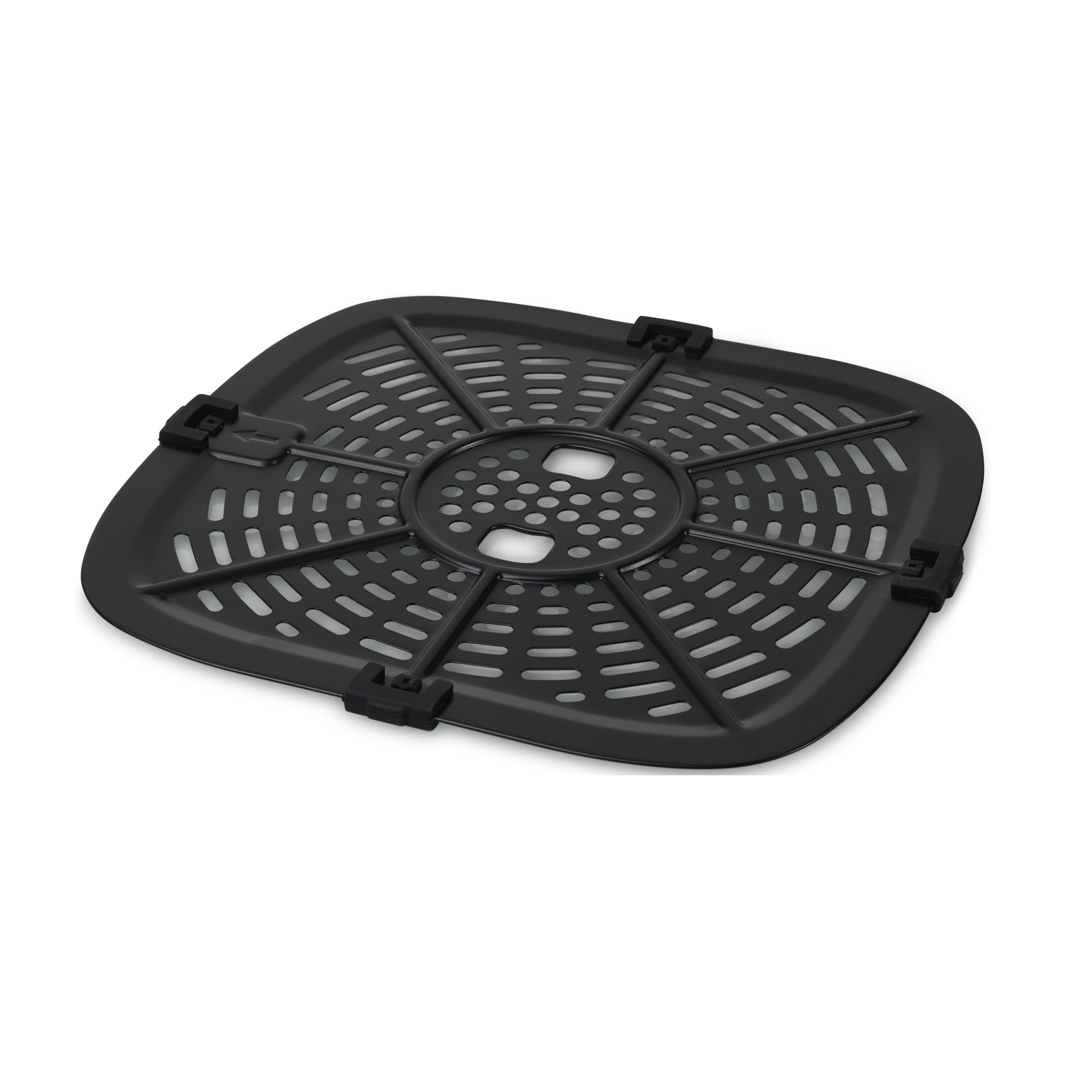 Cestello nero quadrato per friggitrice ad aria con fori e clip per manico.