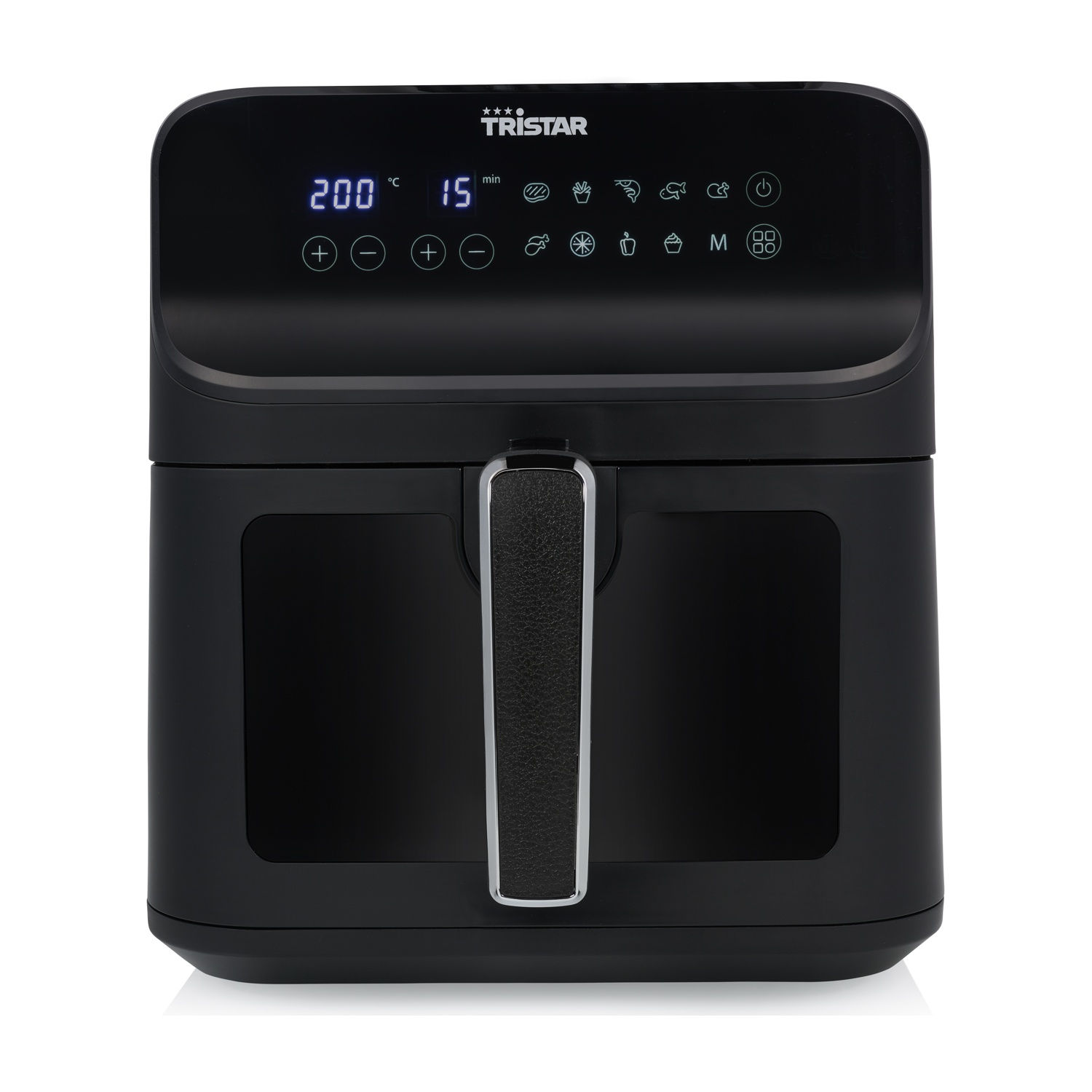 Friggitrice ad aria Tristar nera con display digitale e maniglia.