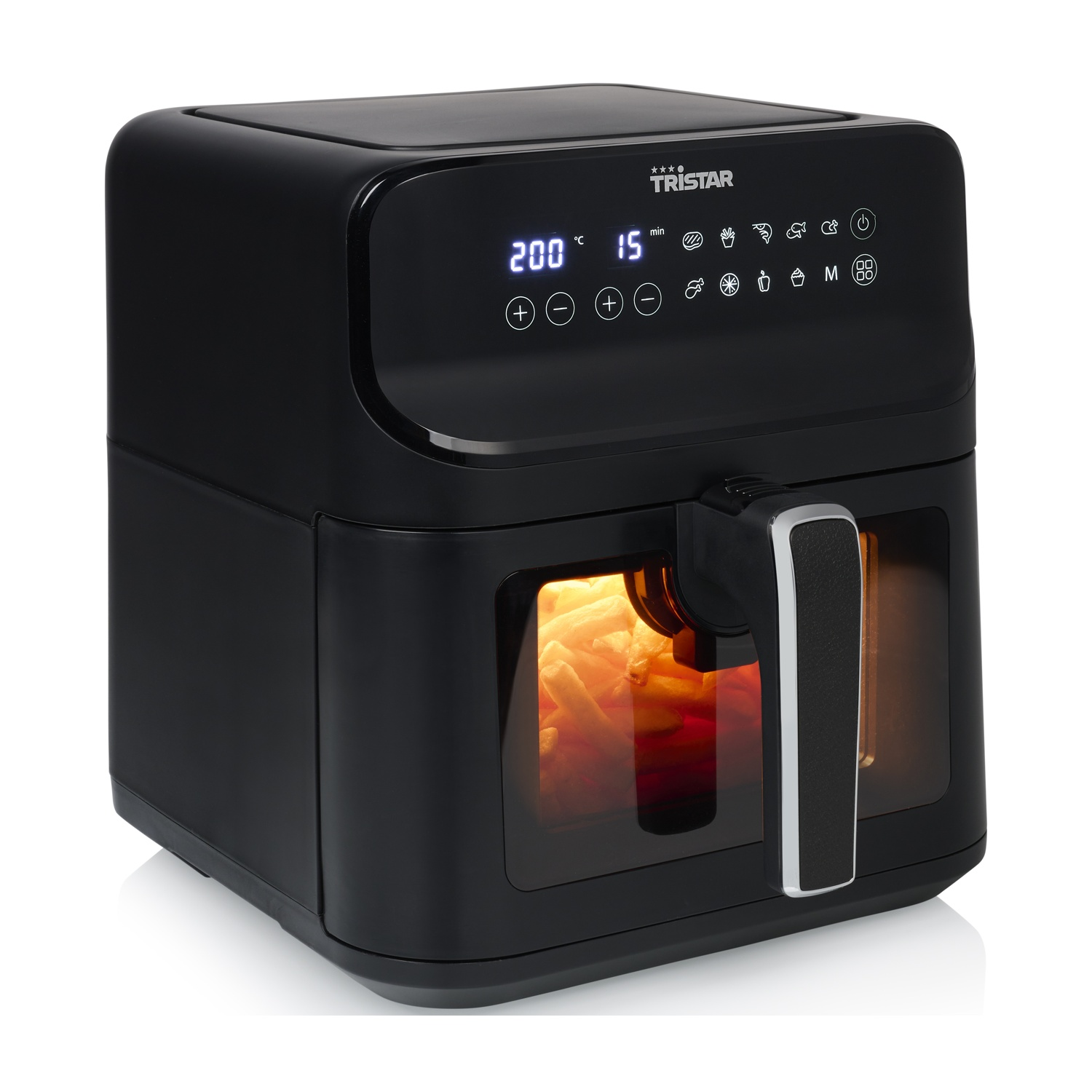 Friggitrice ad aria Tristar nera con display digitale, cibo visibile.