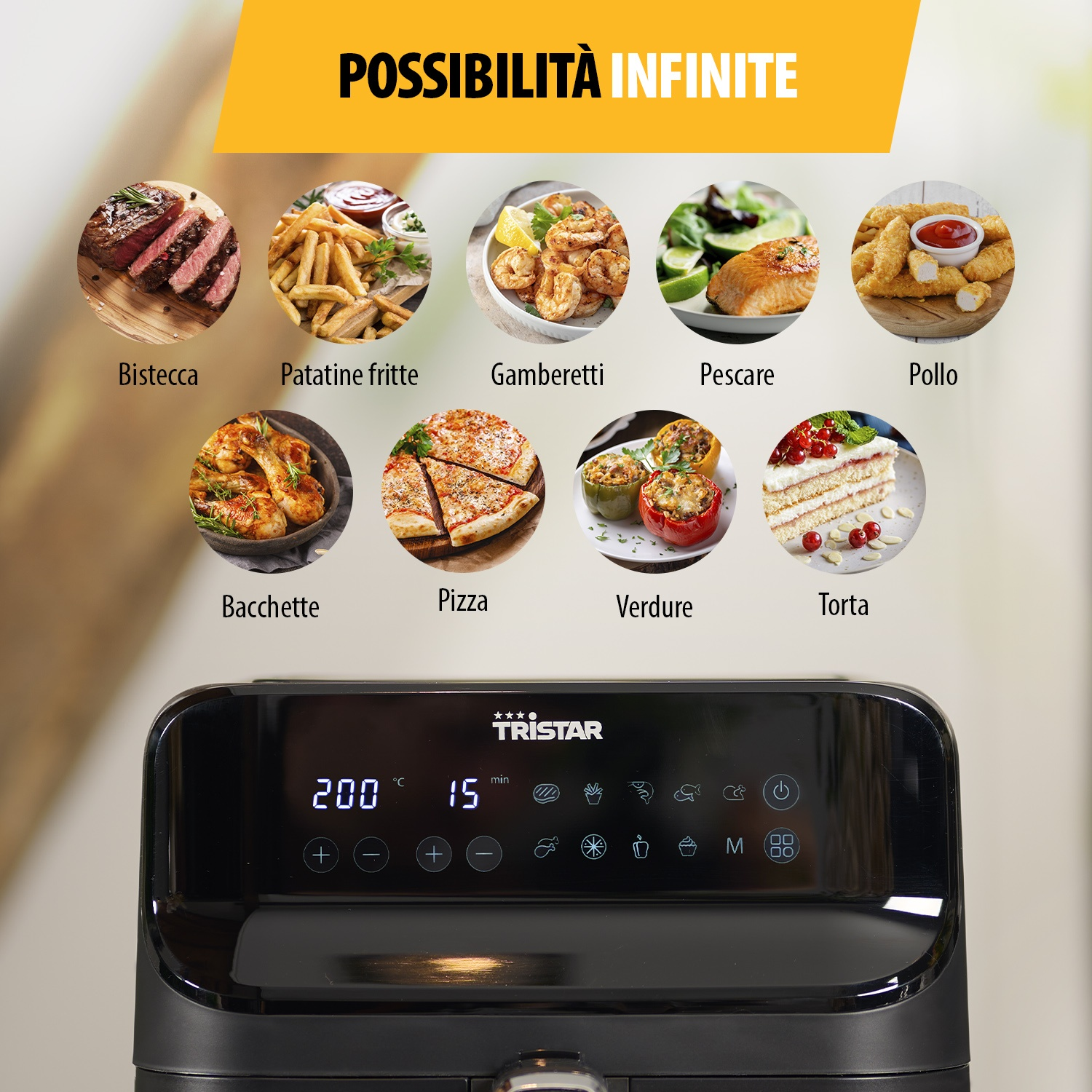 Friggitrice ad aria con alimenti: bistecca, patatine fritte, gamberi, salmone, pepite, pizza, verdure, torta.
