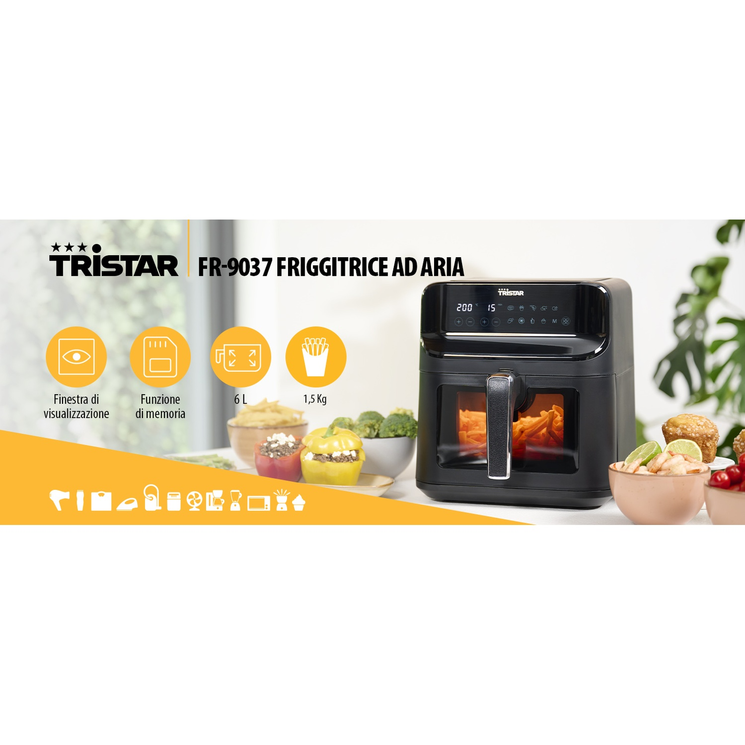 Friggitrice ad aria con testo: 'TRISTAR FR-9037'. Le icone mostrano caratteristiche e accessori.