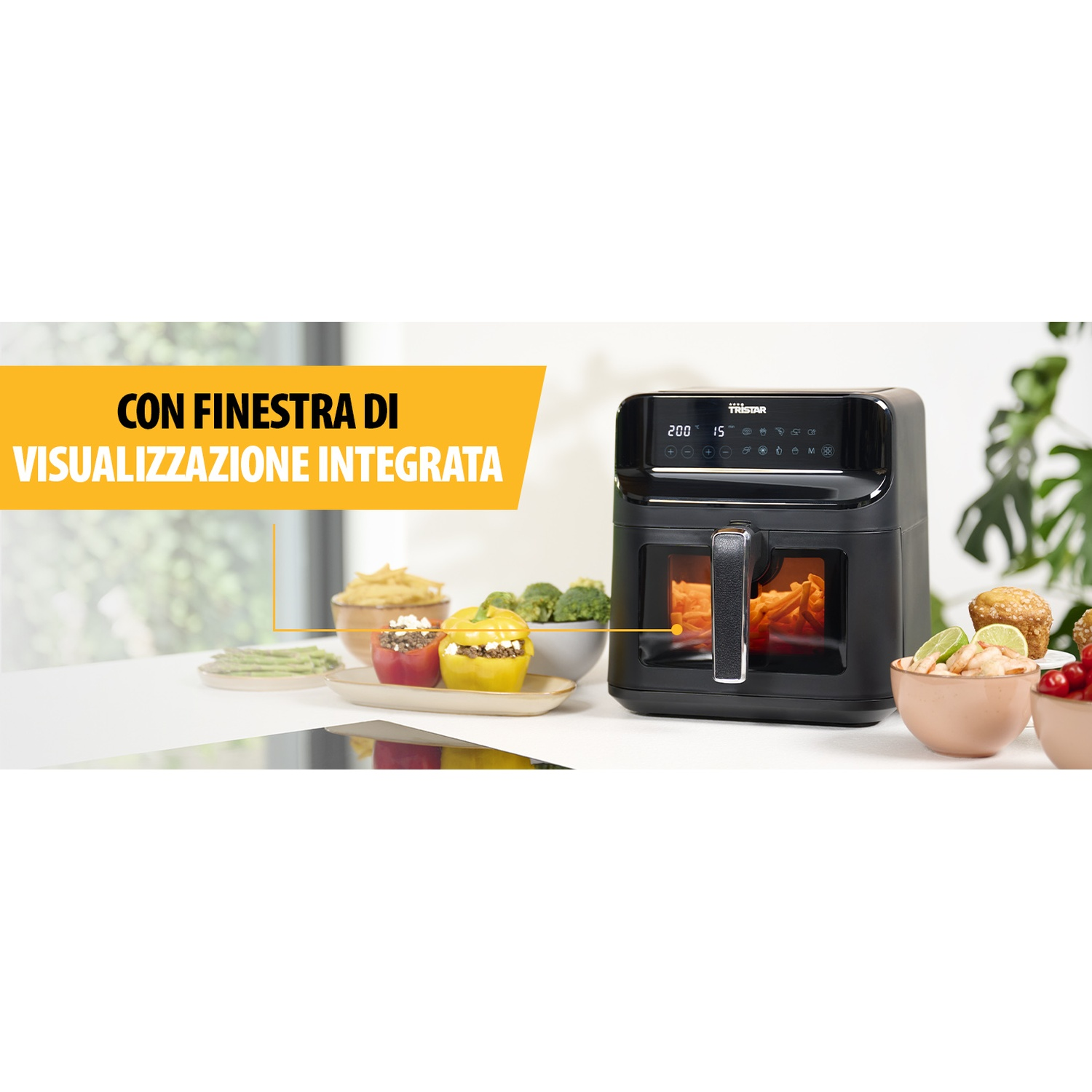 Friggitrice ad aria con cibo, peperoni, zucchine e patatine fritte. Testo: 'CON FINESTRA DI VISUALIZZAZIONE INTEGRATA'.