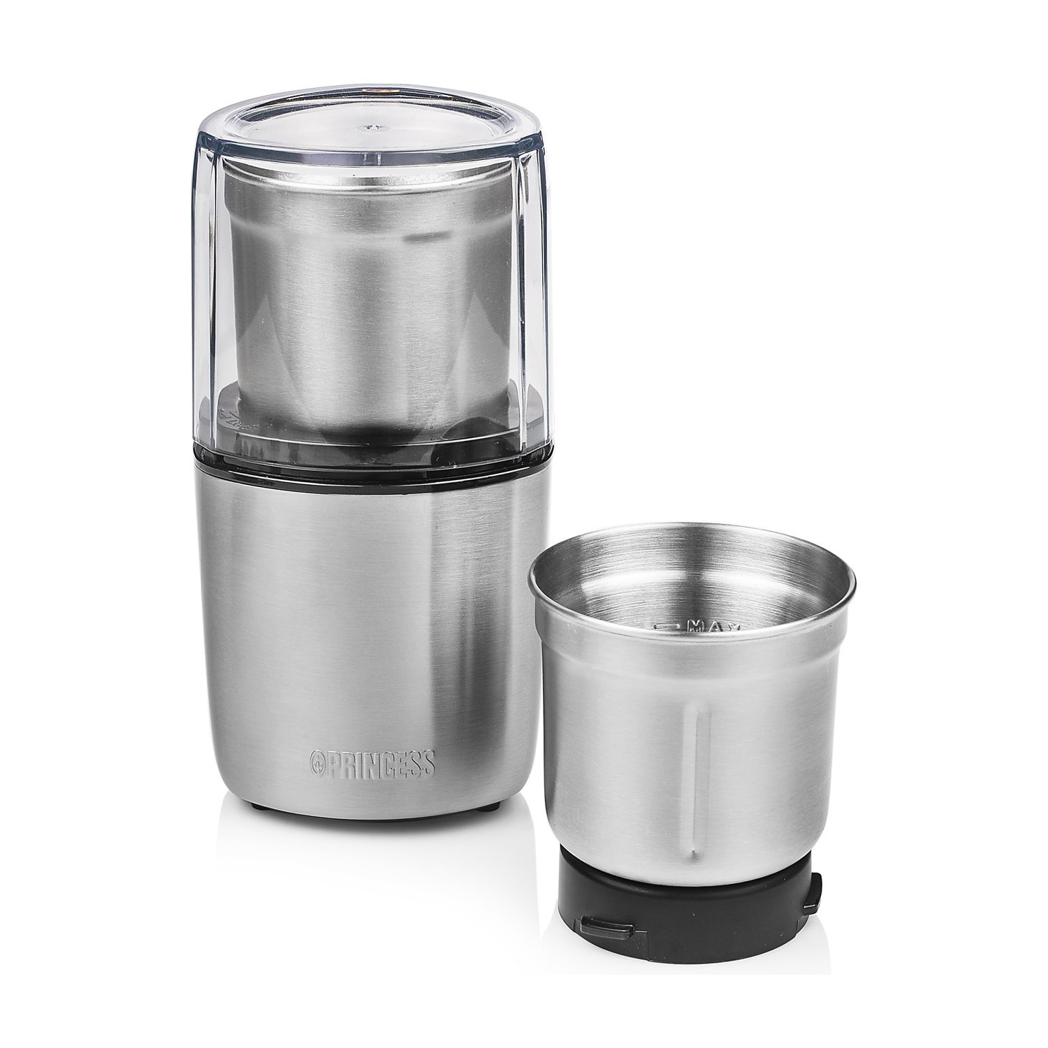 Macinacaffè in acciaio inossidabile con coperchio trasparente, tazza rimossa.