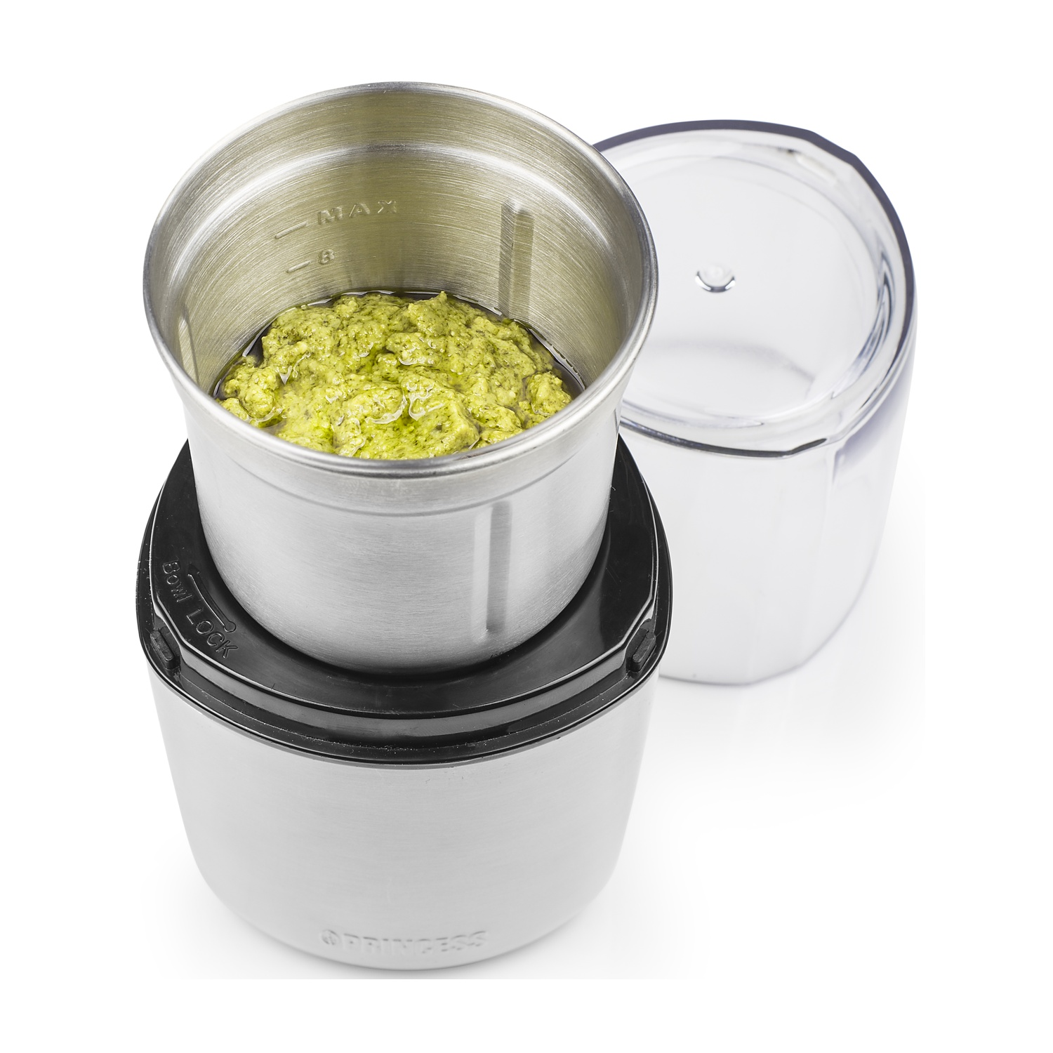 Tazza di smerigliatrice con pesto, macinacaffè in acciaio inossidabile con coperchio trasparente.