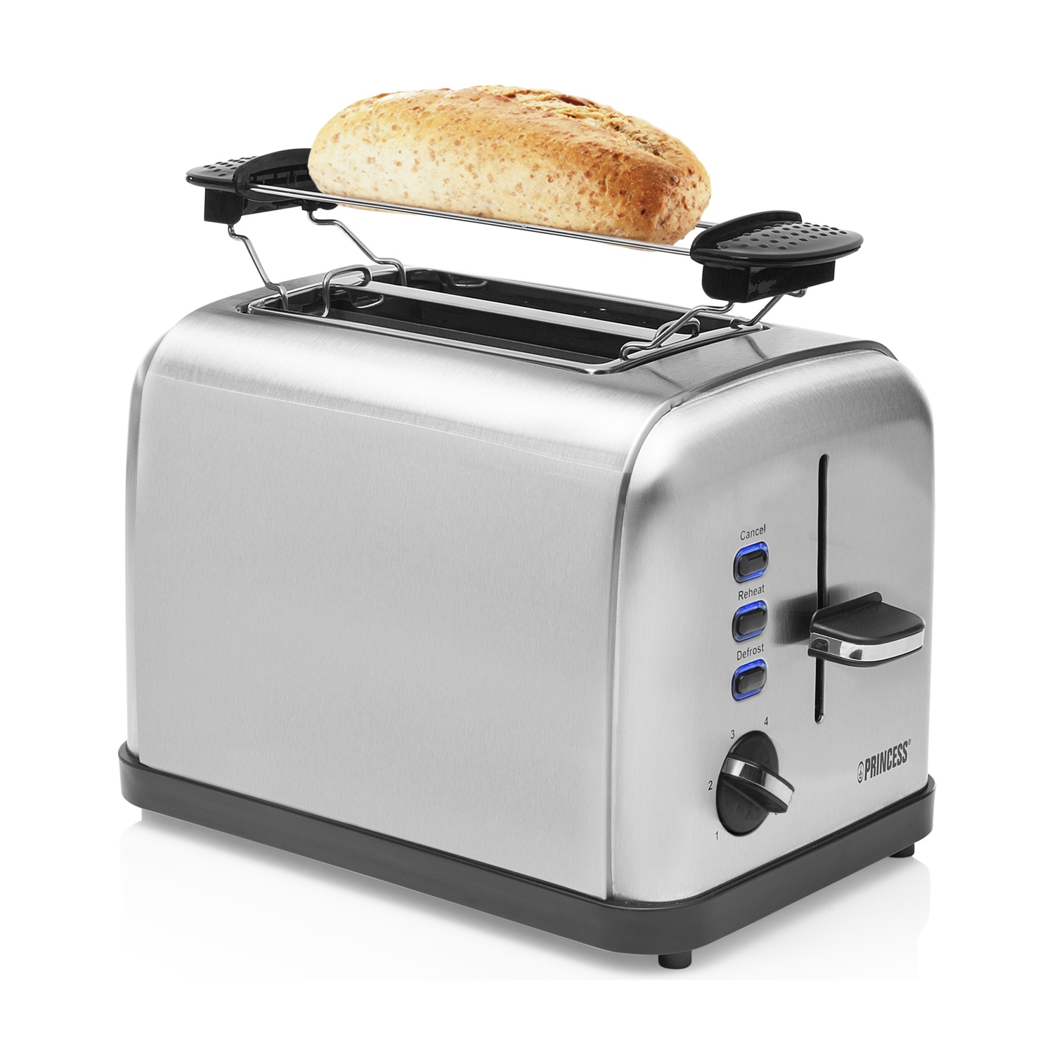Un tostapane argentato con una fetta di pane sulla griglia riscaldante, con pulsanti per annullare, riscaldare e scongelare.
