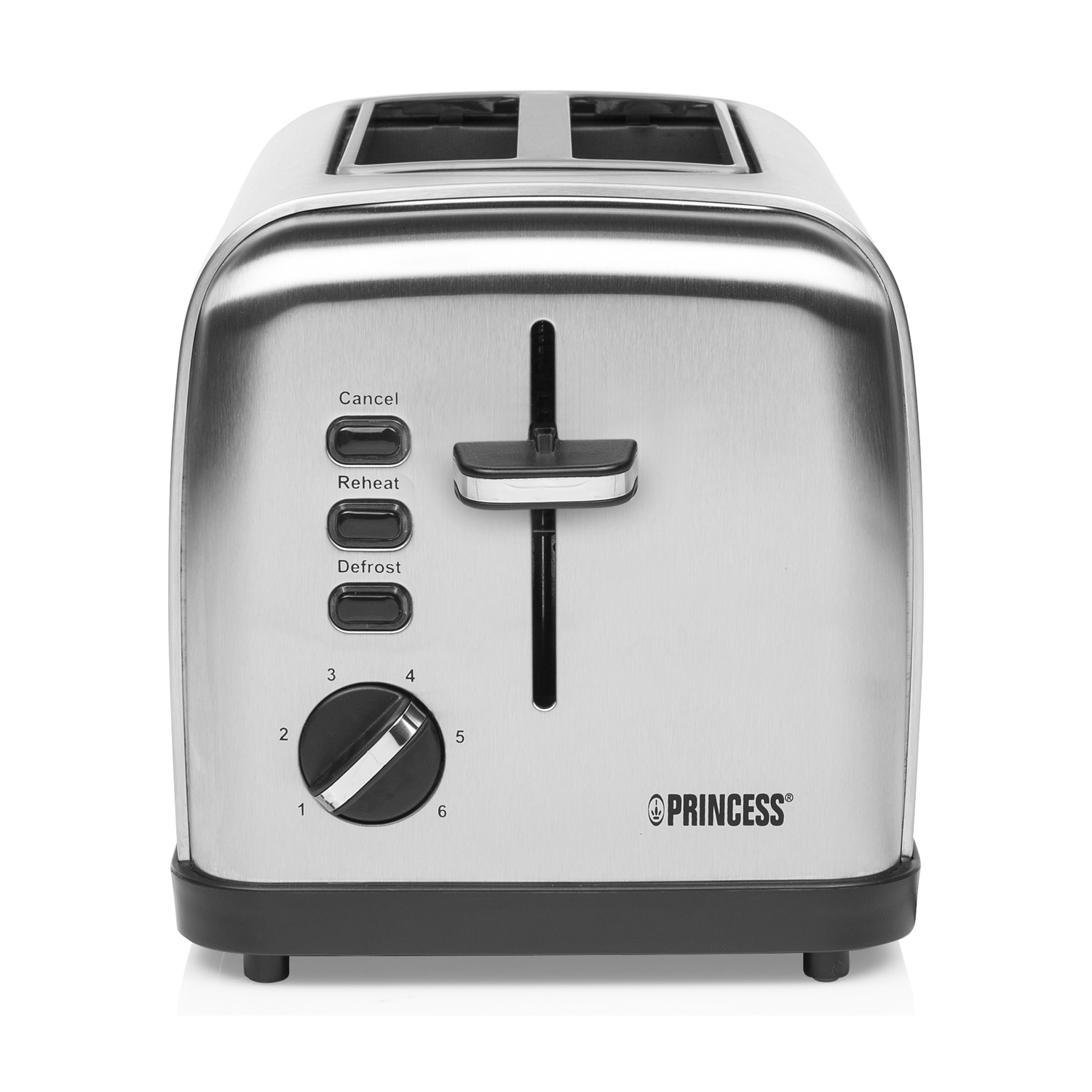 Tostapane argentato con dettagli neri, quadranti, pulsanti e logo Princess.