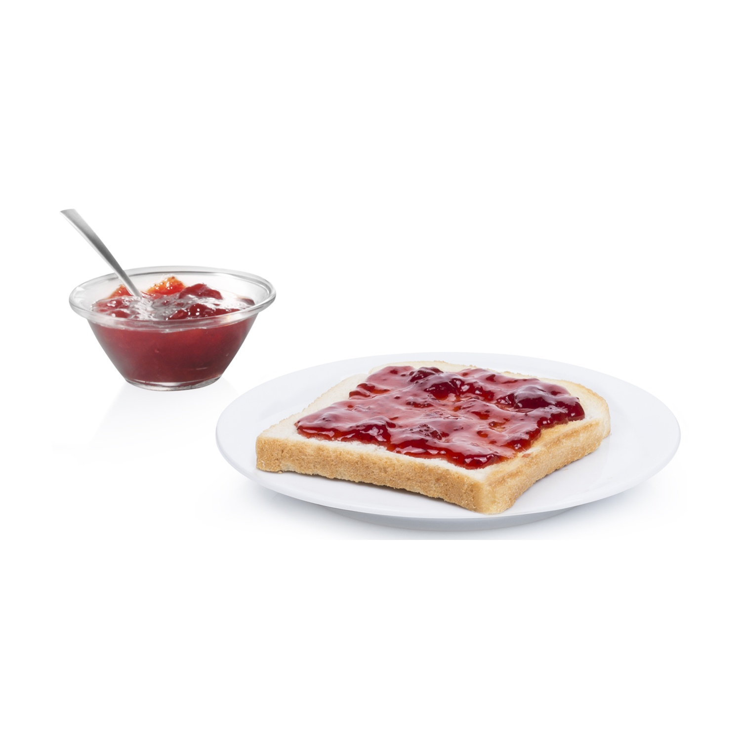 Fetta di pane con marmellata, ciotola di marmellata e cucchiaio.