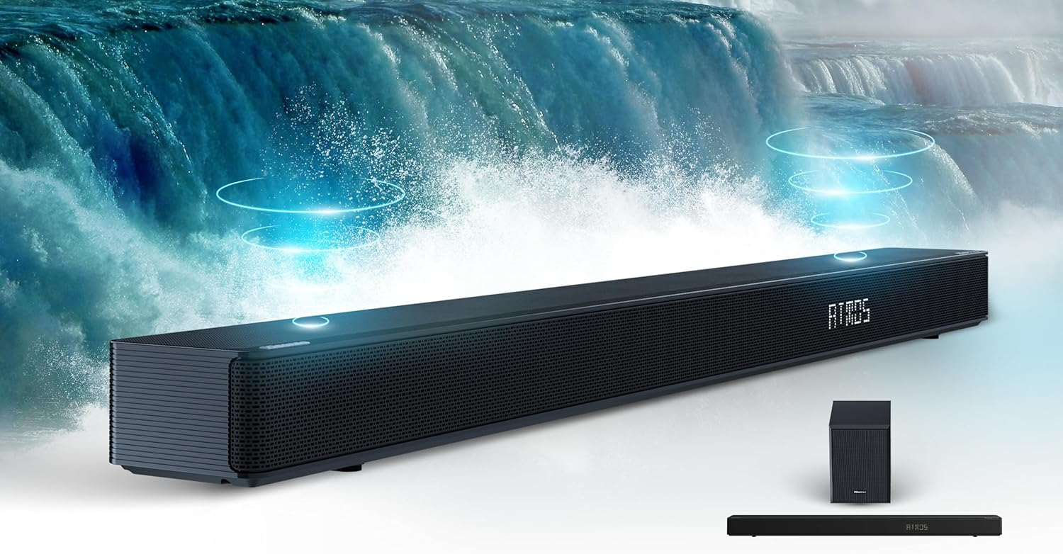 Czarny soundbar i subwoofer na tle wodospadu z niebieskimi falami dźwiękowymi.
