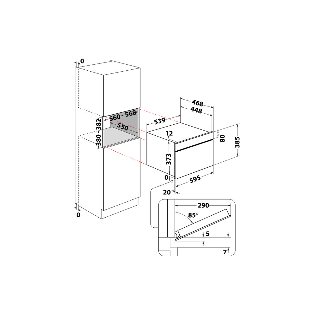 Beépített sütő és szekrény diagramja, a telepítési méretekkel és részletekkel.