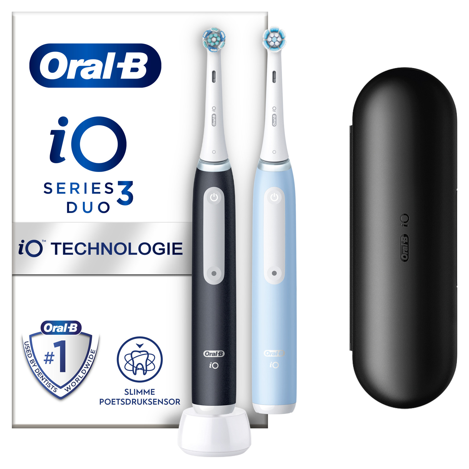 Two Oral-B electric toothbrushes, black and blue, with a charging base and a case.