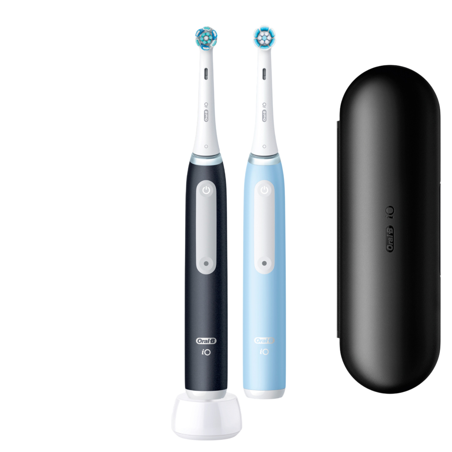 Two electric toothbrushes and a black travel case