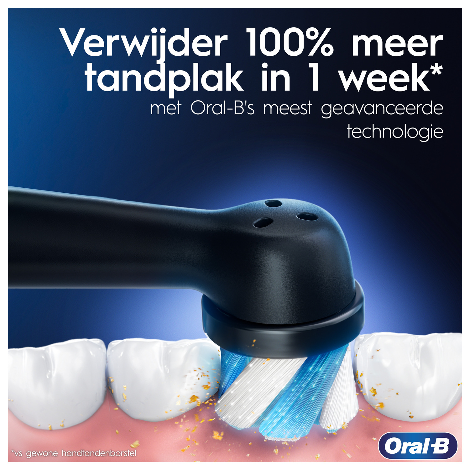 An electric toothbrush cleans teeth. The brush is black, with white and blue bristles, removing debris.