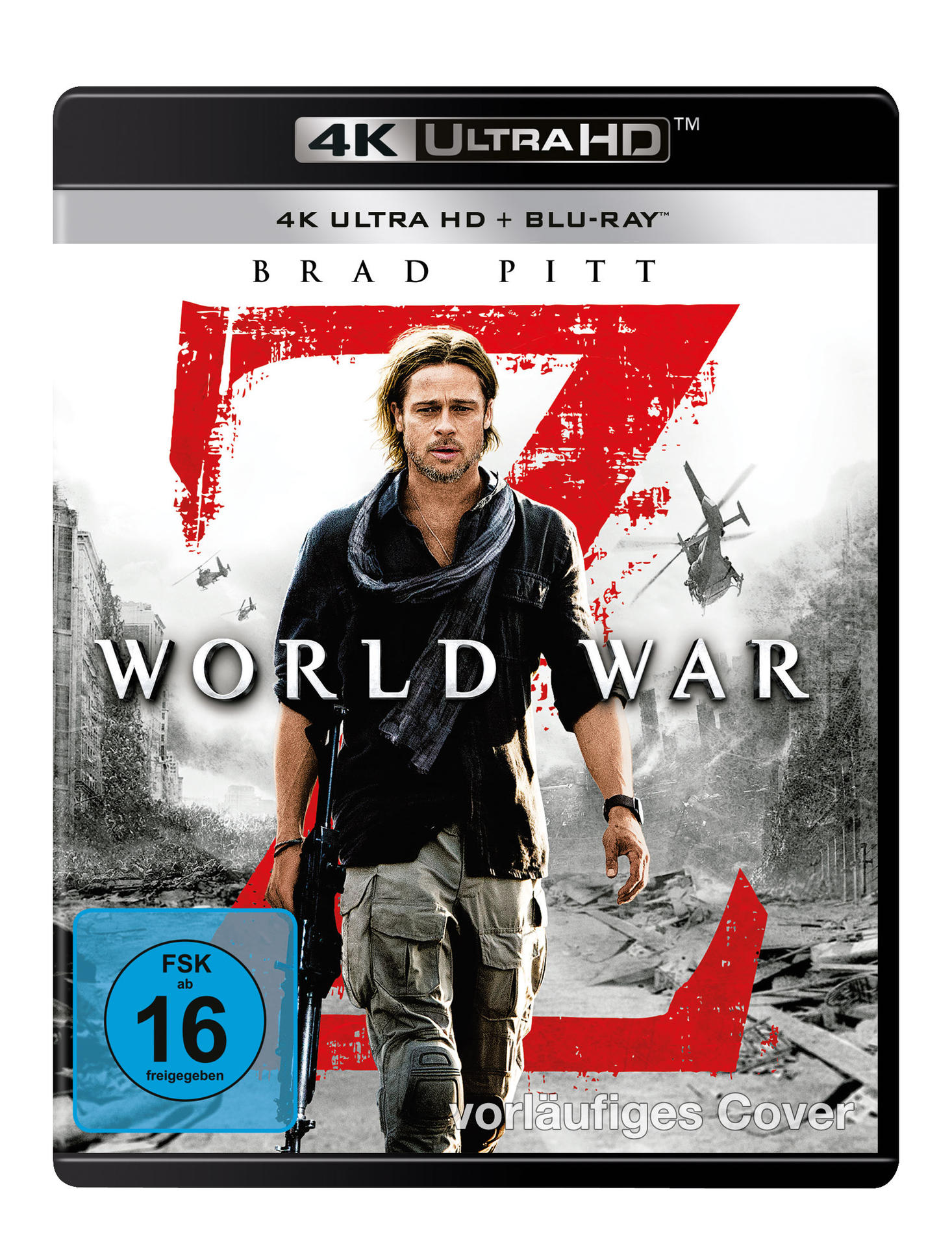 DVD-Cover mit Brad Pitt. Der Titel lautet 'WORLD WAR Z'. Es gibt ein rotes 'Z' und Hubschrauber im Hintergrund.