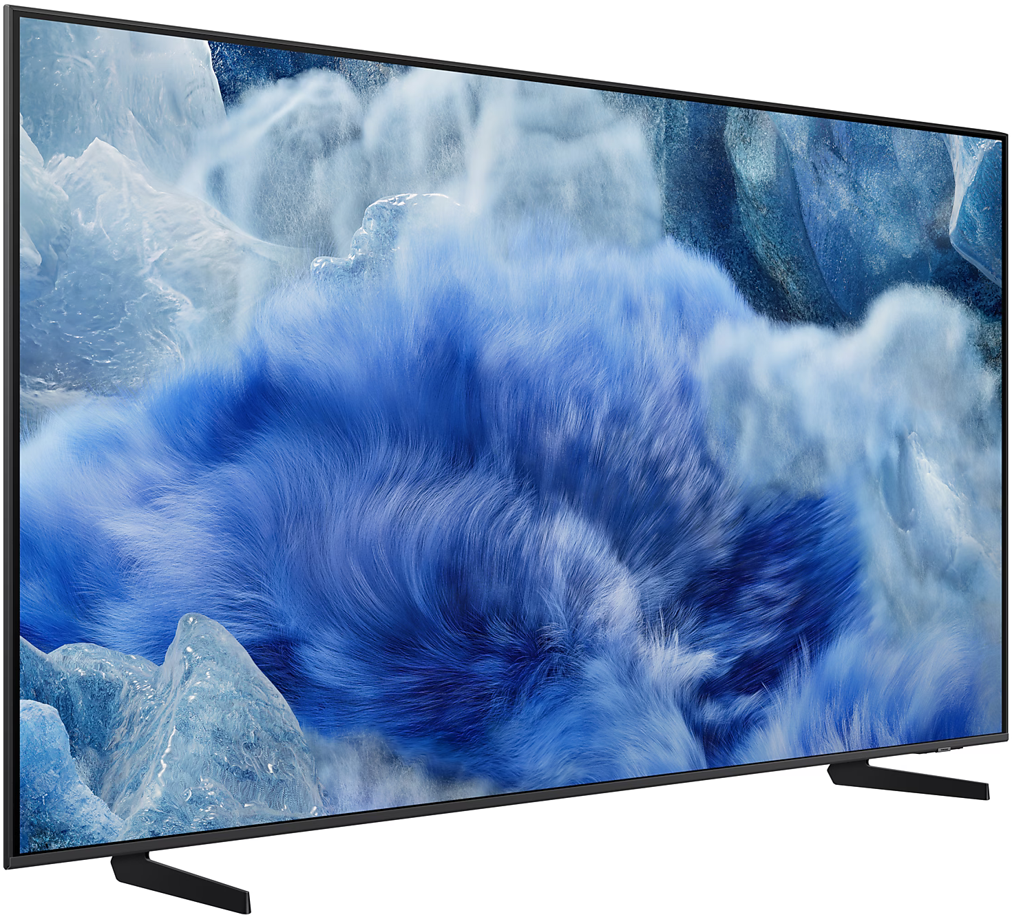 Egy Samsung TV, ami egy kék, felhős absztrakt képet jelenít meg. A TV fekete kerettel és állvánnyal rendelkezik.