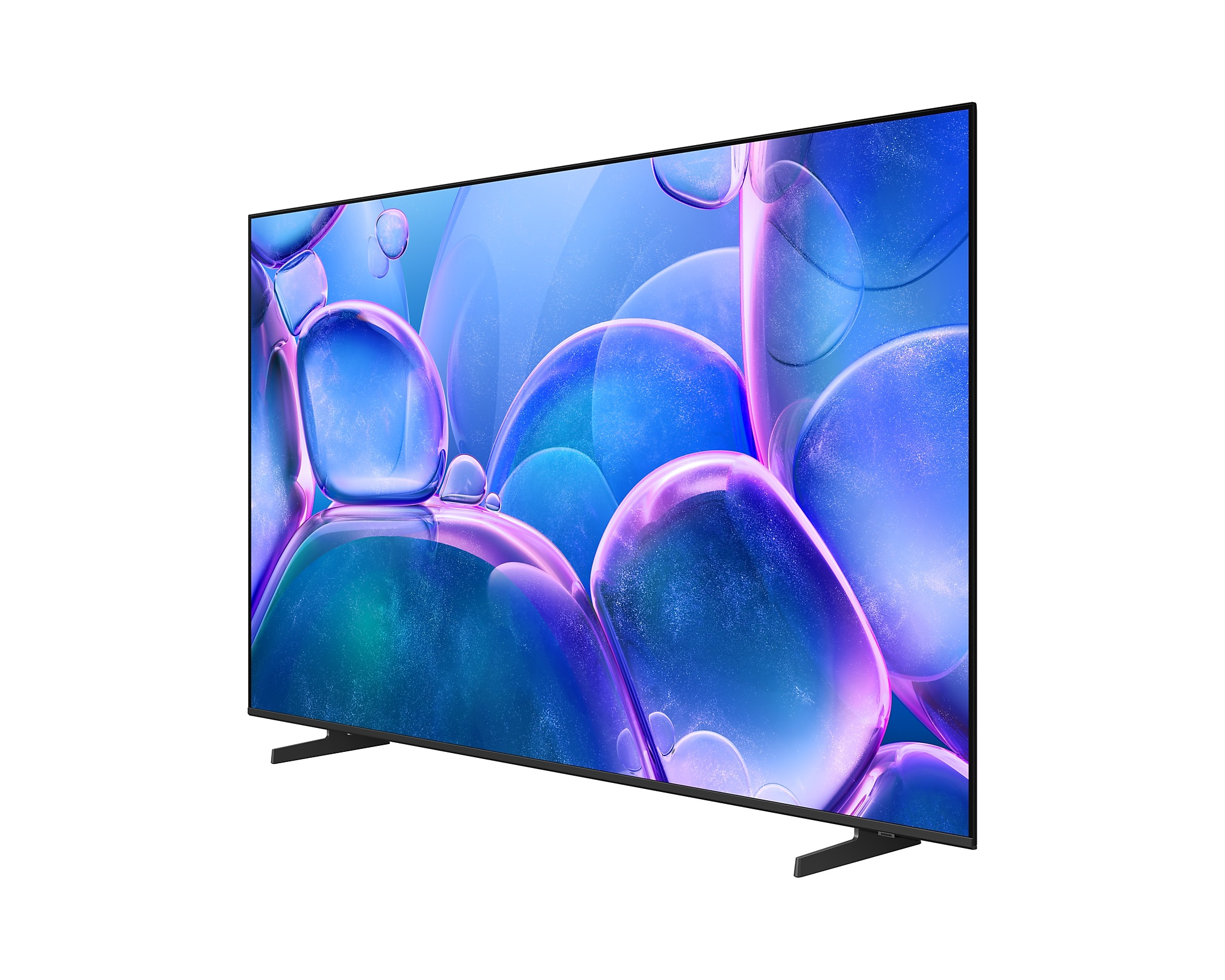Egy fekete Samsung Crystal UHD TV oldalsó nézete. Lila és kék buborék dizájnt jelenít meg a képernyőn.