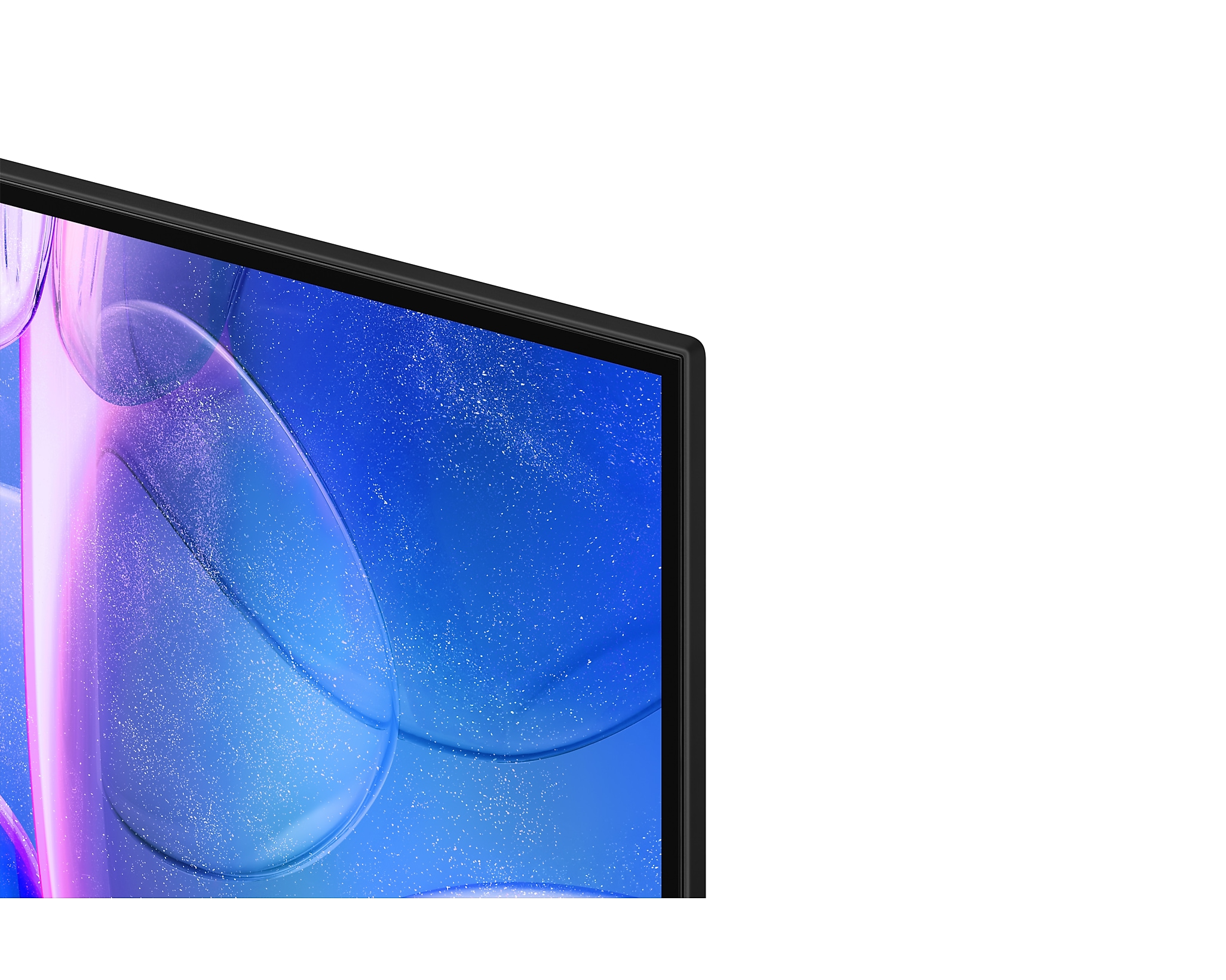 Egy fekete TV-keret közelképe. A képernyő egy kék-lila absztrakt buborék dizájnt jelenít meg.
