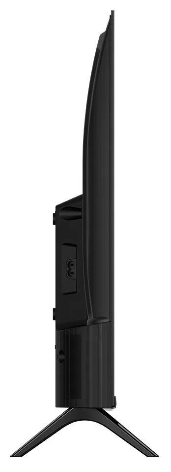 Widok z boku czarnego telewizora. Ekran jest wyłączony, a telewizor ma podstawę.