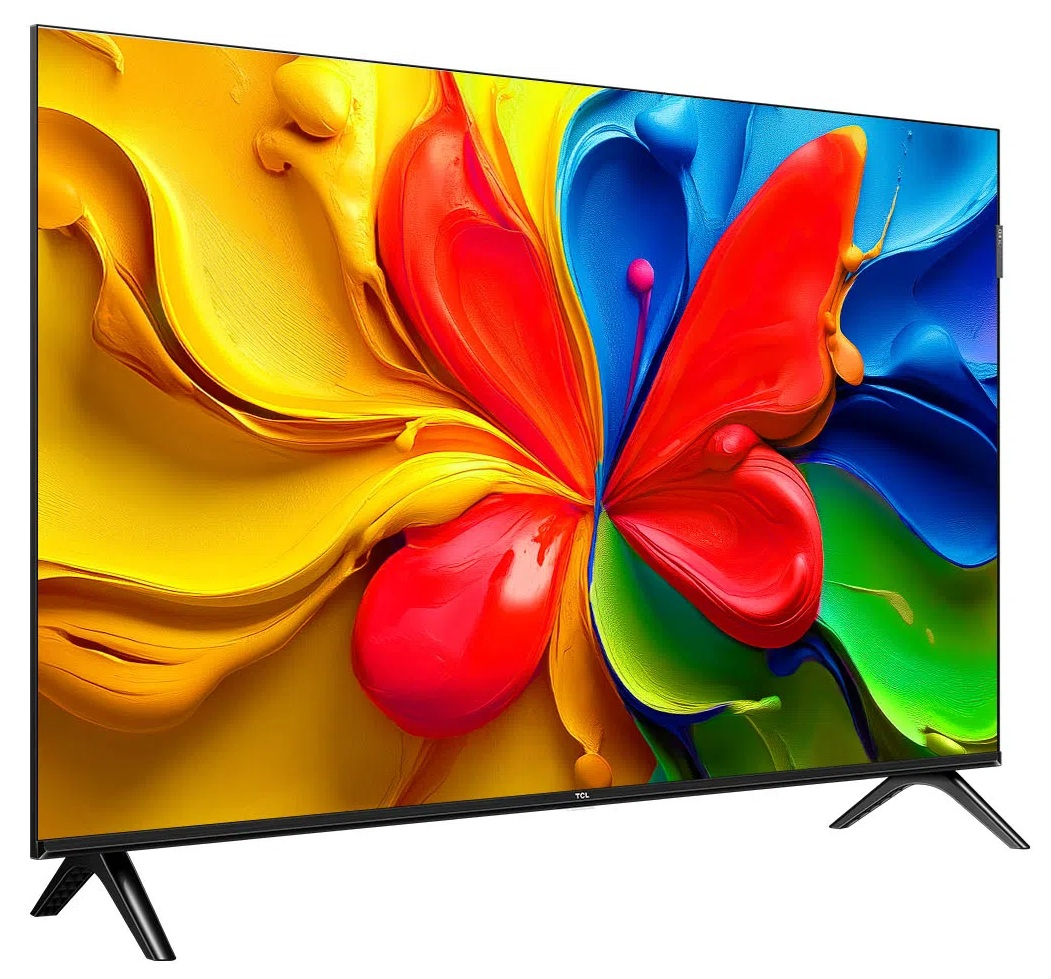 Telewizor TCL z kolorowym motylem.