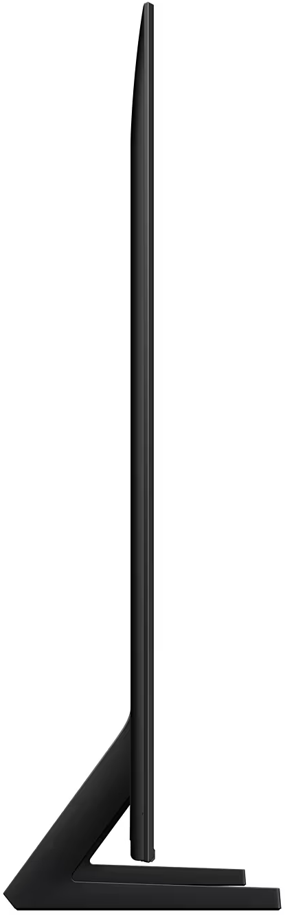 Egy fekete, elegáns TV oldalról, nagyon vékony profillal és fekete állvánnyal.