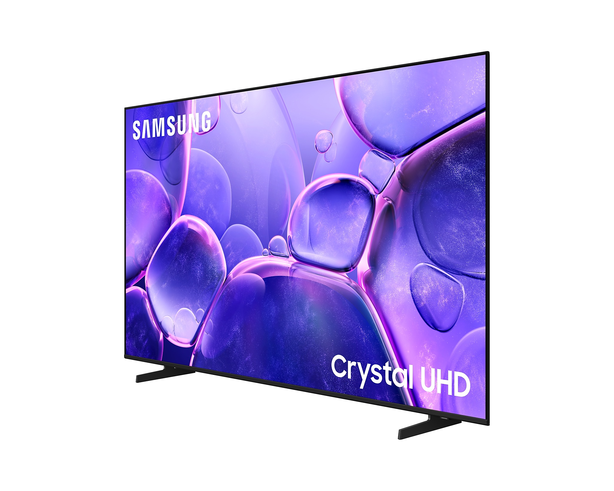 Samsung TV lila buborék-szerű háttérrel, fekete állvánnyal, Crystal UHD felirattal.
