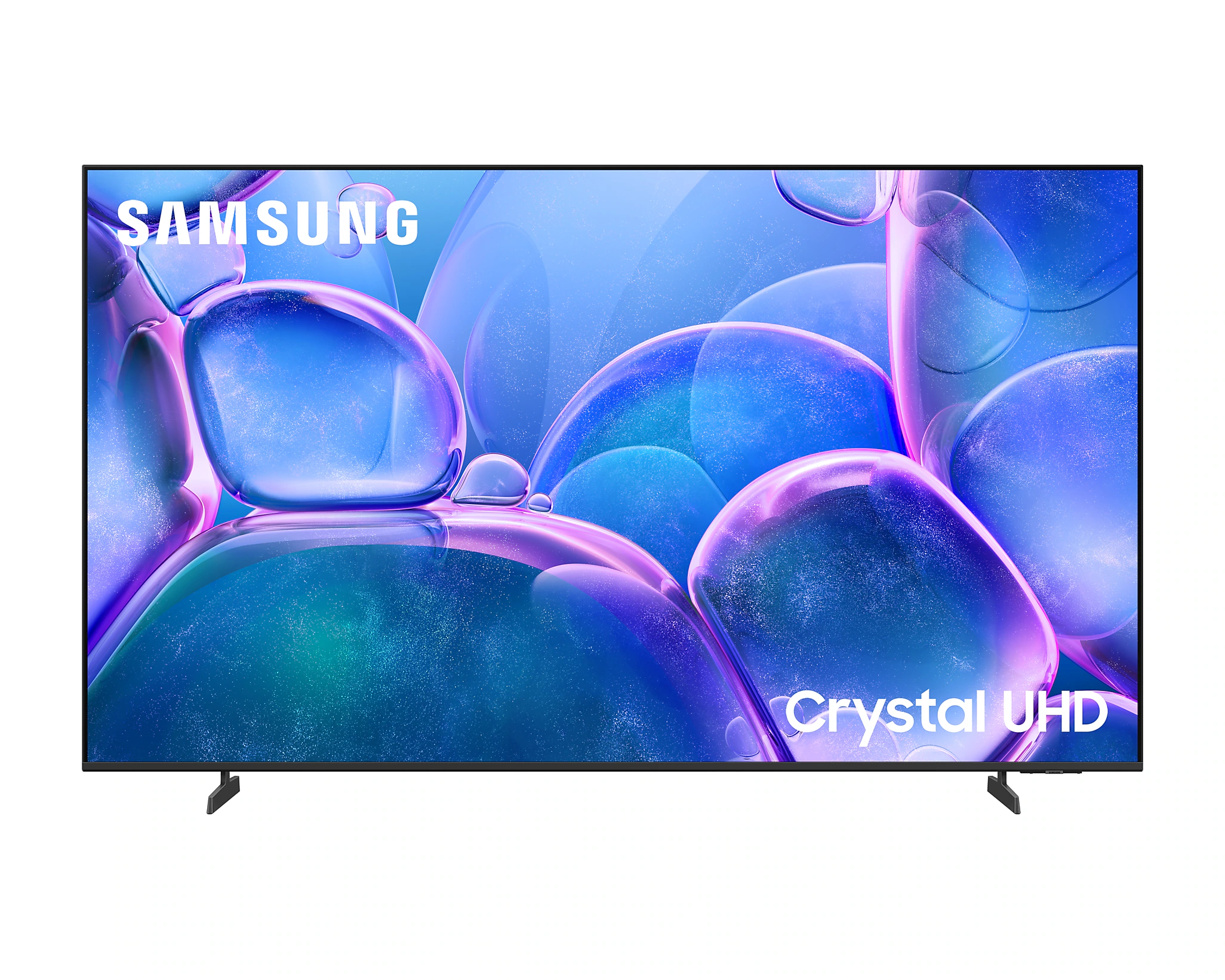 Egy Samsung Crystal UHD TV kék, buborék-szerű absztrakt hátteret jelenít meg.
