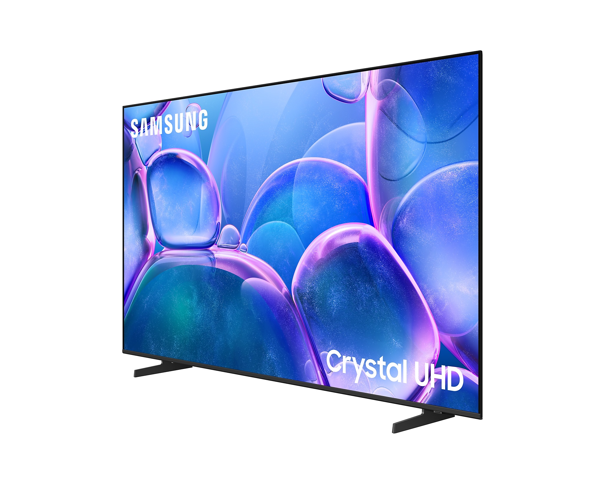 Samsung TV, ferde szögben, lila buborék háttérrel, fekete állvánnyal és Crystal UHD felirattal.