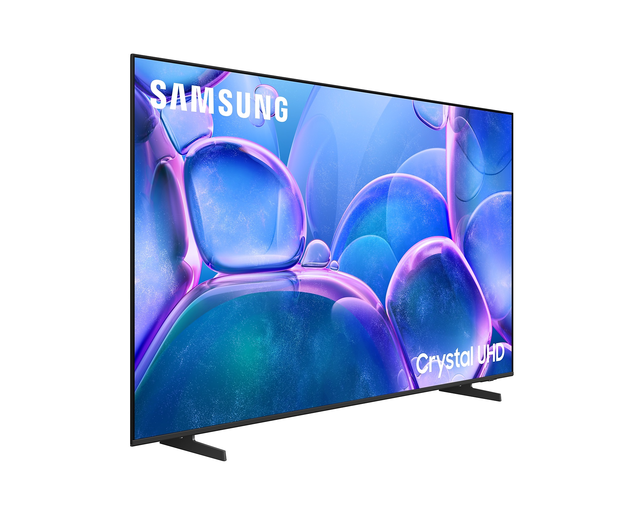 Samsung TV, ferde szögben, lila buborék háttérrel, fekete állvánnyal és Crystal UHD felirattal.